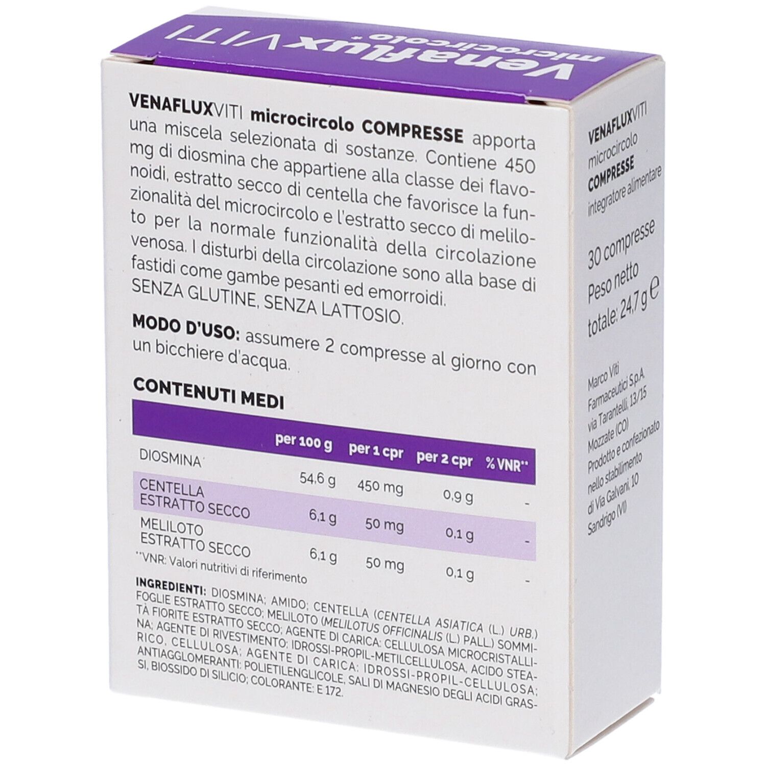 Rückseite der Schachtel mit Venaflux VITI microcircolo Tabletten. Enthält Informationen zu Inhaltsstoffen und Anwendung.