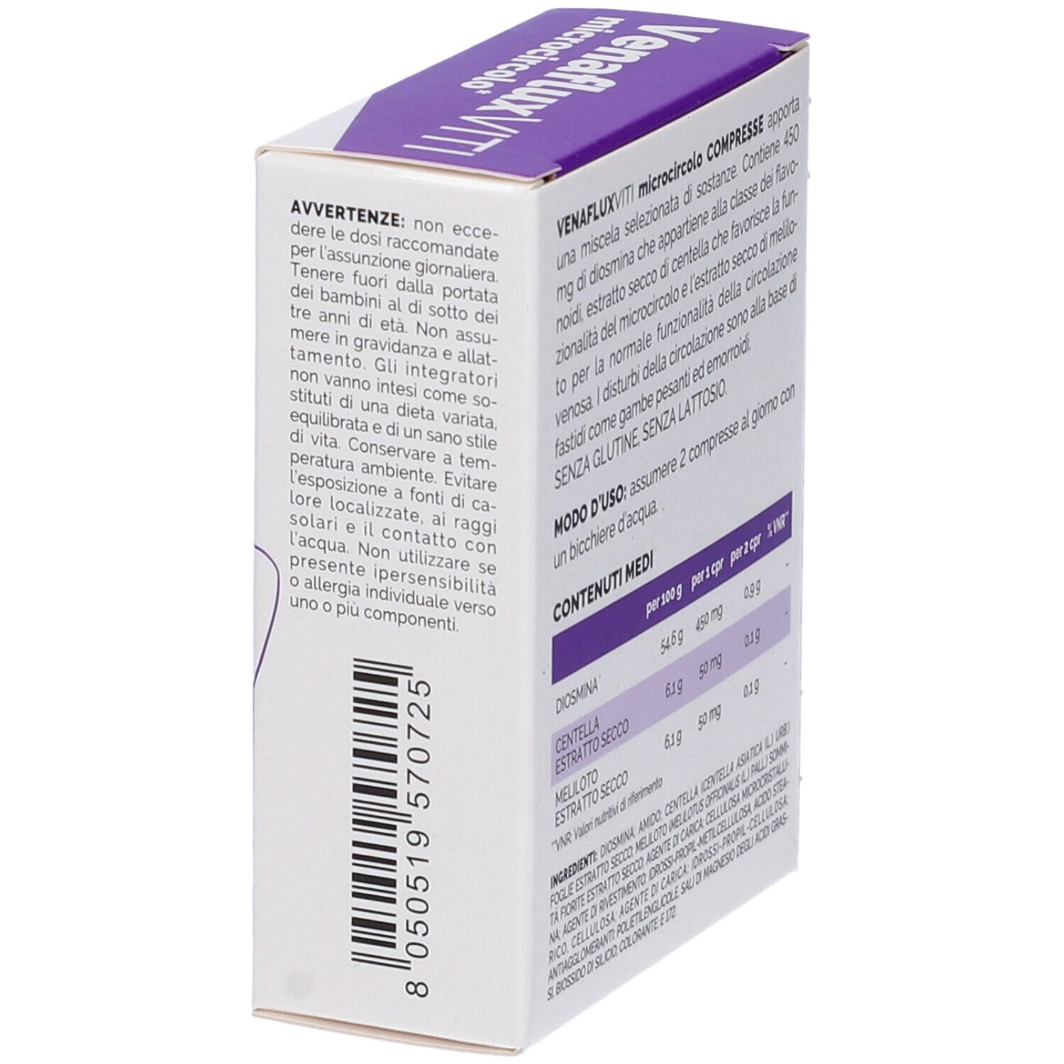 Schachtel mit Venaflux VITI microcircolo Tabletten. Enthält Warnhinweise und Gebrauchsanweisungen.