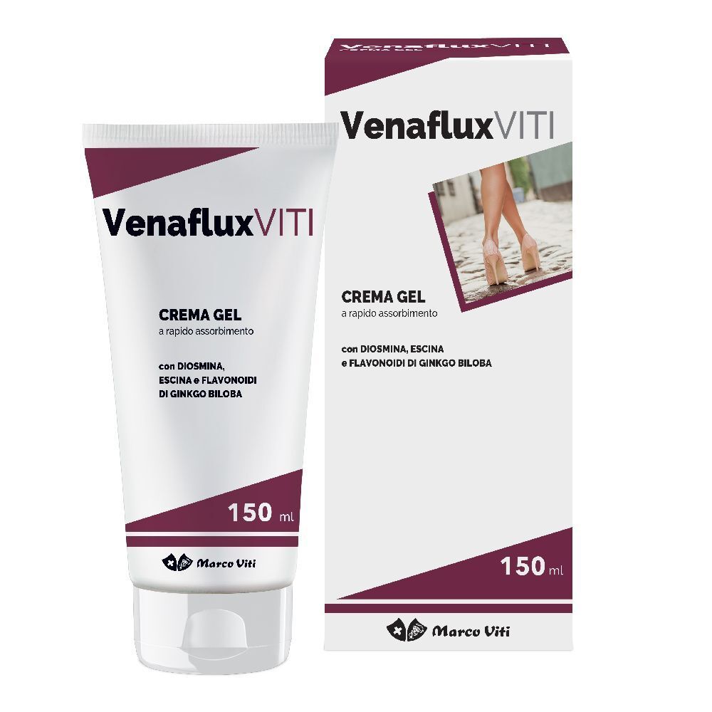 Tube et boîte de crème-gel. Inscription : Venaflux Viti, Crème Gel. Contient Diosmine, Escine et Flavonoïdes de Ginkgo Biloba. 150 ml.