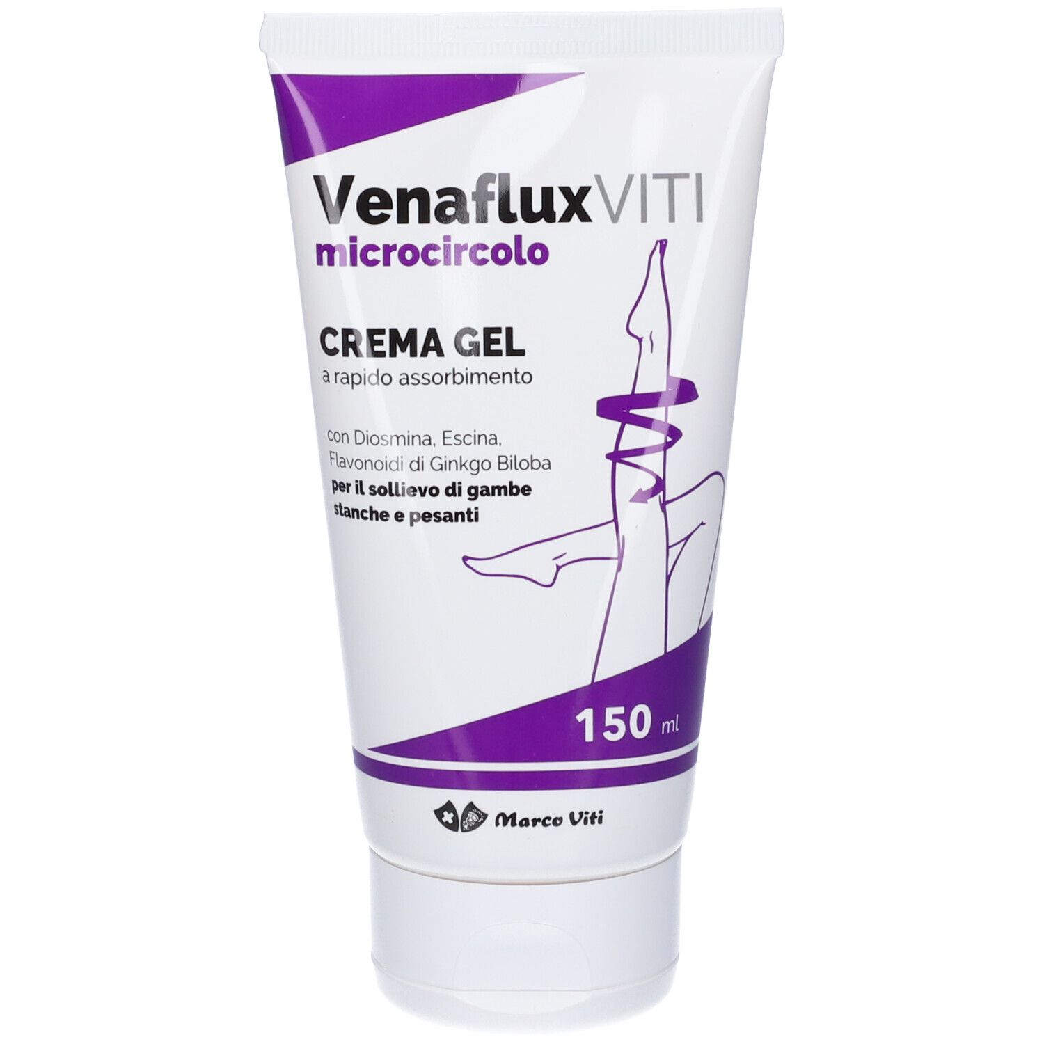 Tube de crème-gel. Inscription : Venaflux Viti microcircolo, Crème Gel. Contient Diosmine, Escine et Flavonoïdes de Ginkgo Biloba. 150 ml.