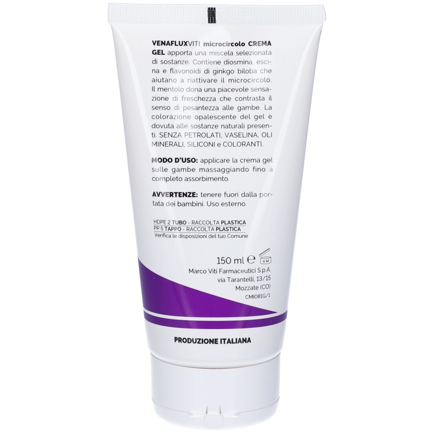 Dos du tube de crème-gel. Texte : Venaflux Viti microcircolo, Crème Gel. 150 ml. Fabriqué en Italie. Ingrédients et mode d'emploi.