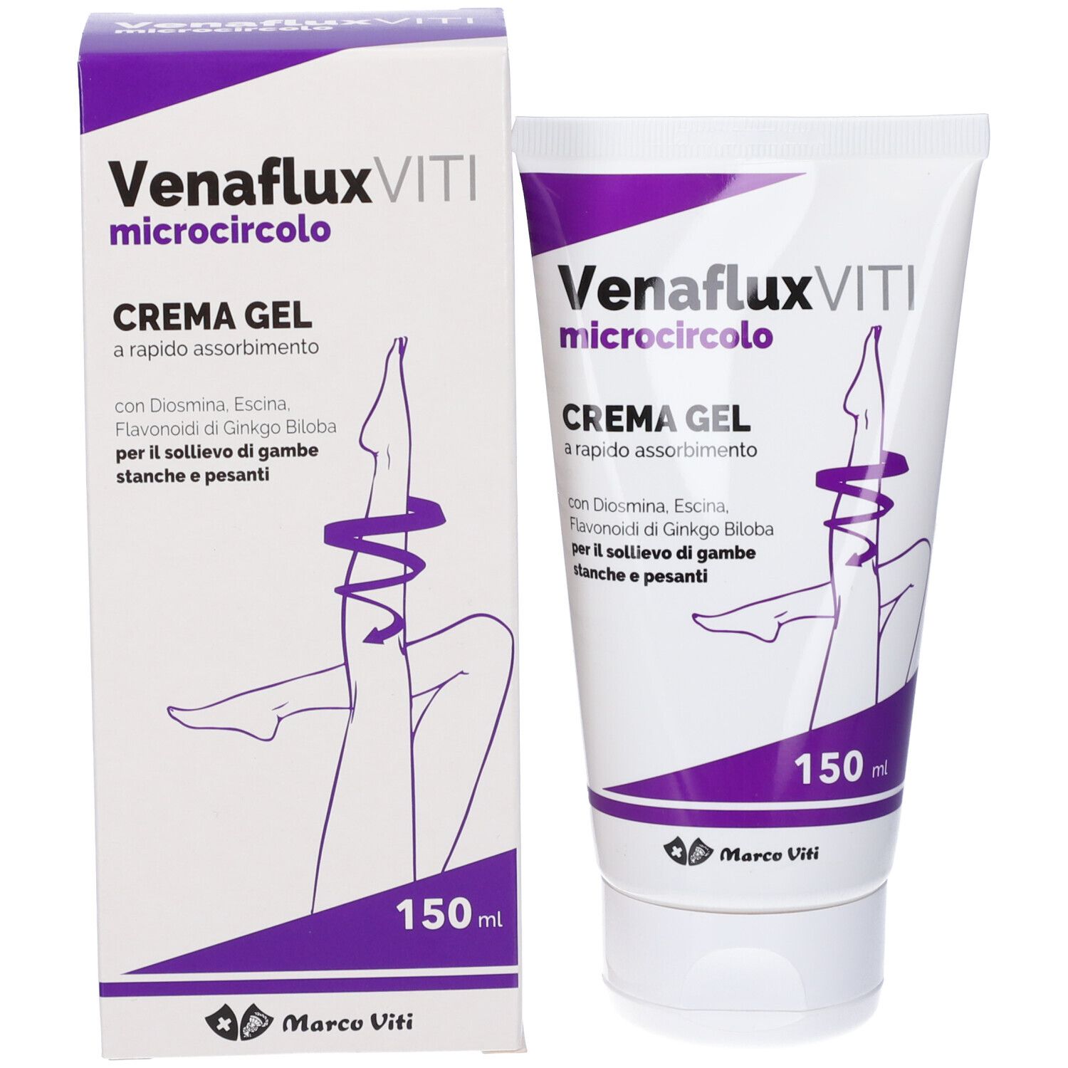 Tube et boîte de crème-gel. Inscription : Venaflux Viti microcircolo, Crème Gel. 150 ml. Illustration d'une jambe.