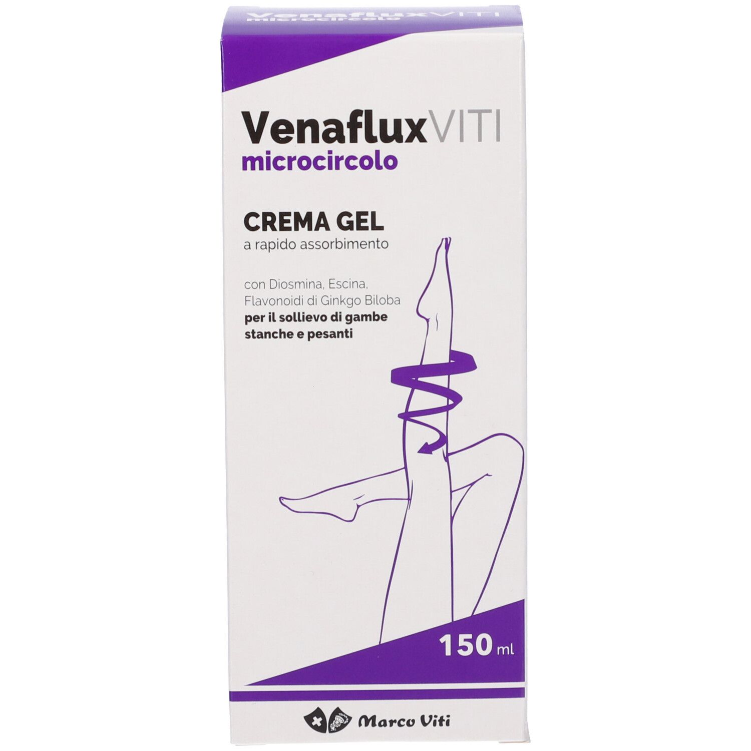 Boîte de crème-gel. Inscription : Venaflux Viti microcircolo, Crème Gel. 150 ml. Illustration d'une jambe.