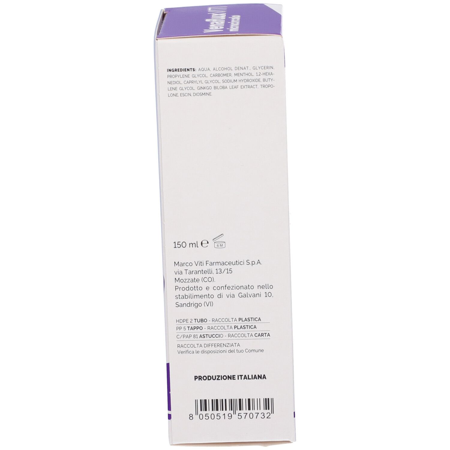 Dos de la boîte de crème-gel. Texte : Venaflux Viti microcircolo, Crème Gel. 150 ml. Ingrédients et informations du fabricant.