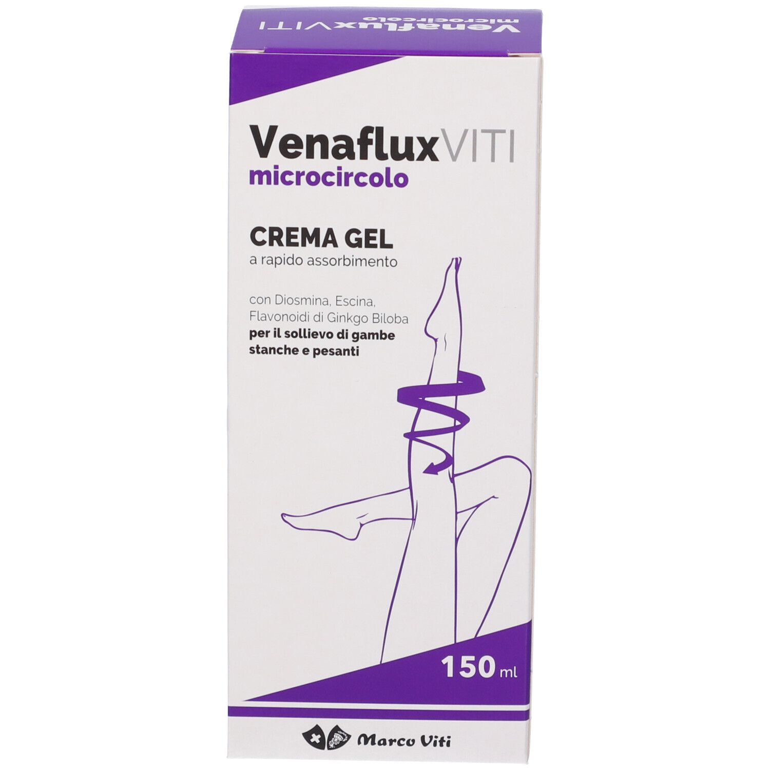 Boîte de crème-gel. Inscription : Venaflux Viti microcircolo, Crème Gel. 150 ml. Illustration d'une jambe.