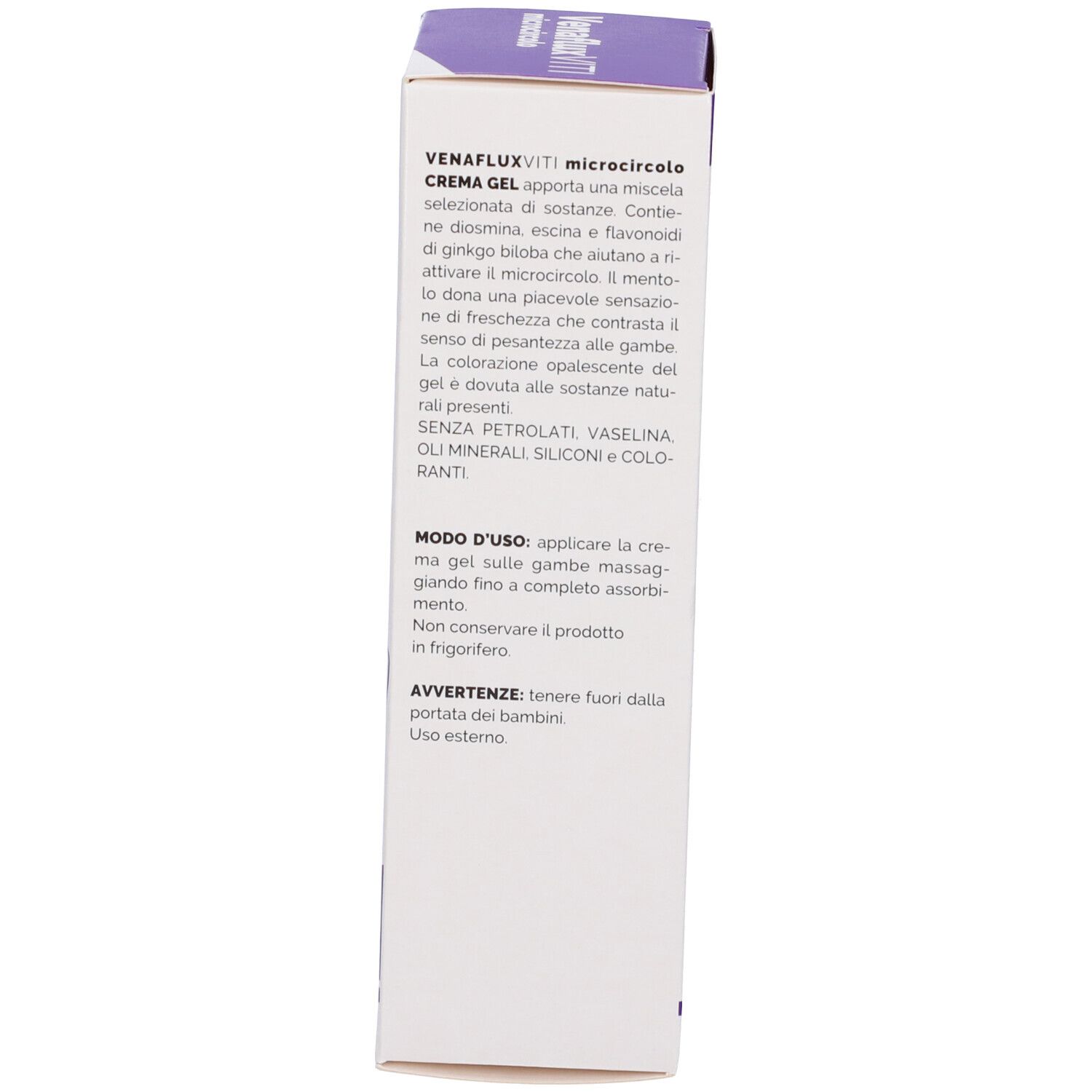 Côté de la boîte de crème-gel. Texte : Venaflux Viti microcircolo, Crème Gel. Instructions d'utilisation et avertissements.