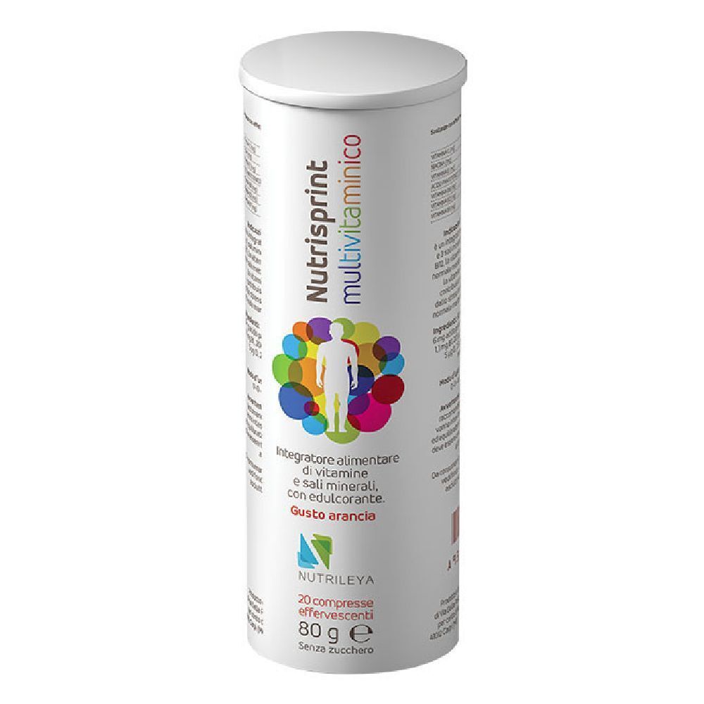 Confezione cilindrica di Nutrisprint Multivitaminico. Contiene 20 compresse effervescenti, 80g, senza zucchero. Logo con figura umana e cerchi.