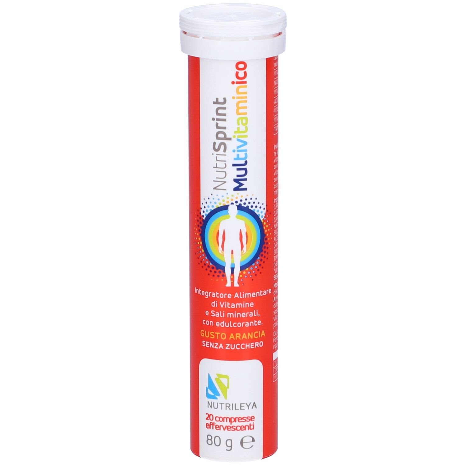 Confezione rossa di Nutrisprint Multivitaminico. Contiene 20 compresse effervescenti, 80g, senza zucchero. Logo con figura umana e cerchi.