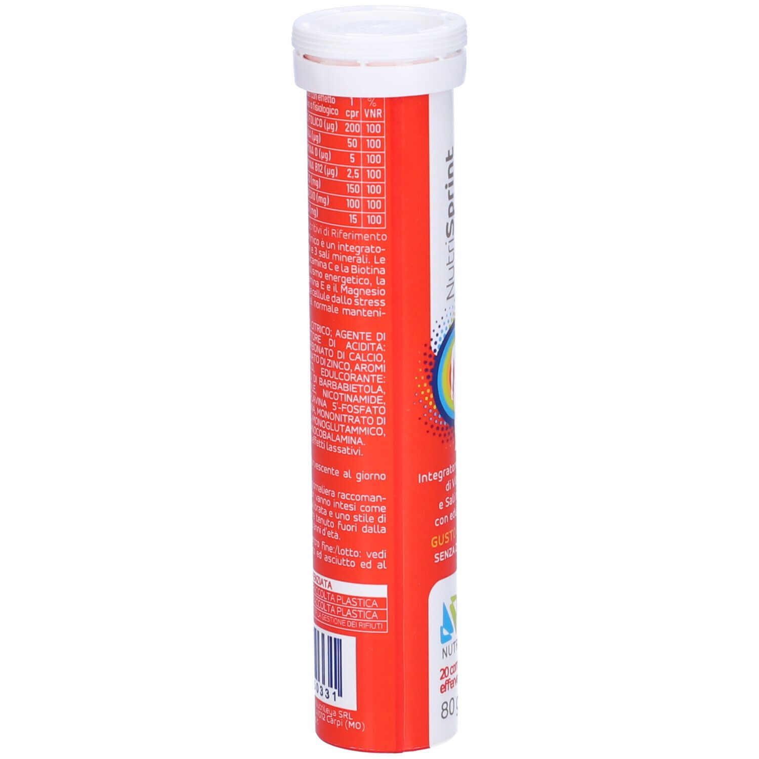 Confezione rossa di Nutrisprint Multivitaminico. Contiene 20 compresse effervescenti, 80g, senza zucchero. Retro con informazioni.