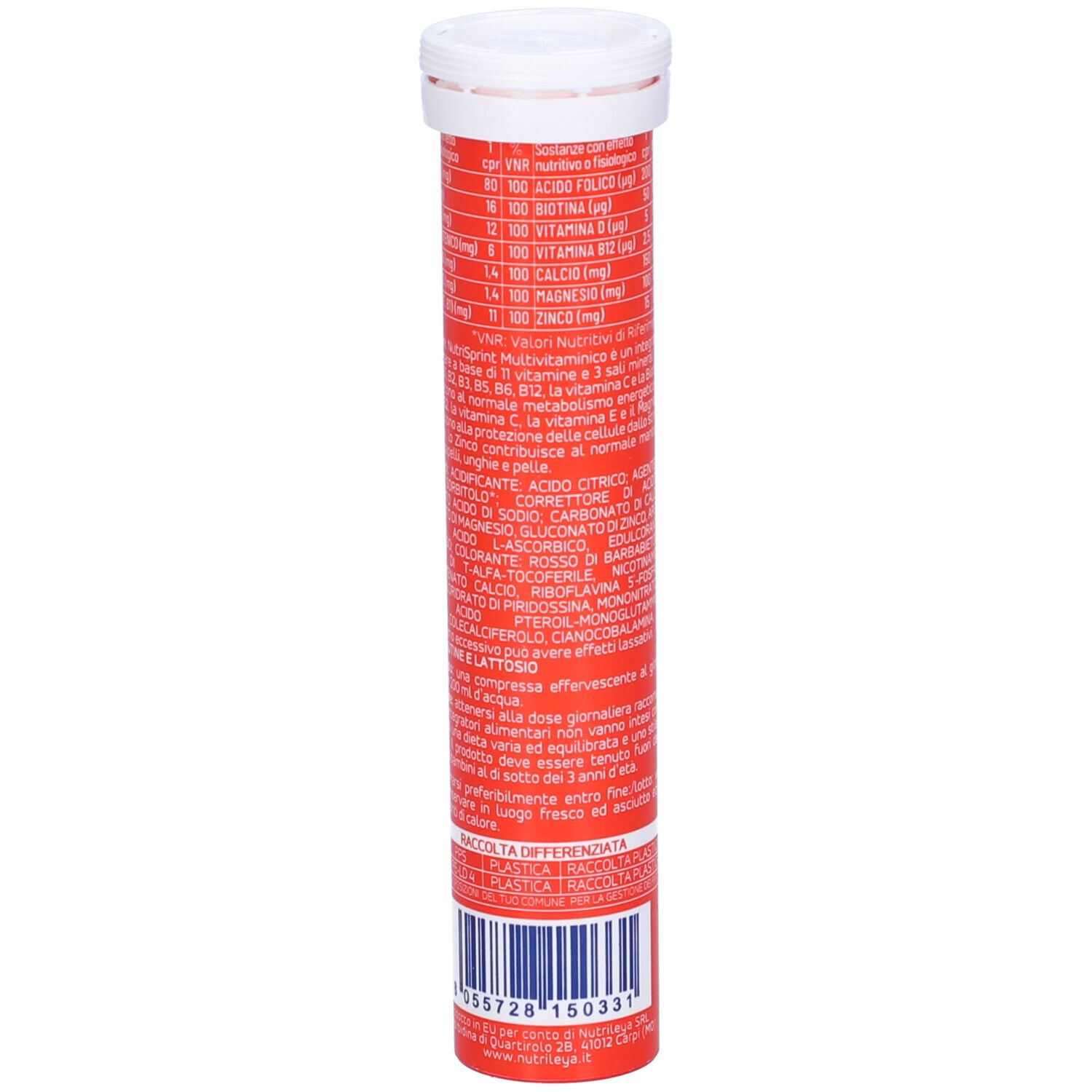Confezione rossa di Nutrisprint Multivitaminico. Contiene 20 compresse effervescenti, 80g, senza zucchero. Retro con informazioni.
