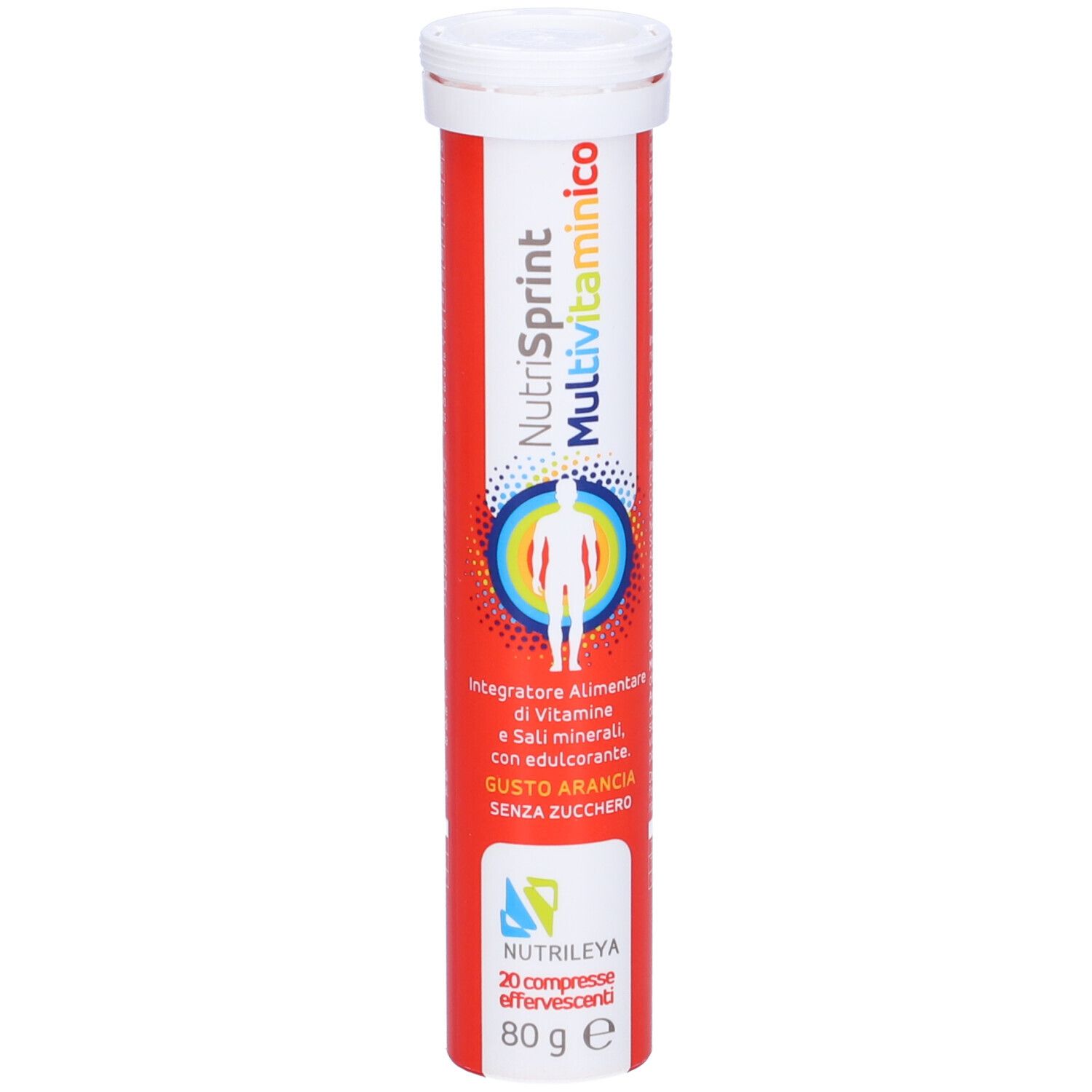 Confezione rossa di Nutrisprint Multivitaminico. Contiene 20 compresse effervescenti, 80g, senza zucchero. Logo con figura umana e cerchi.