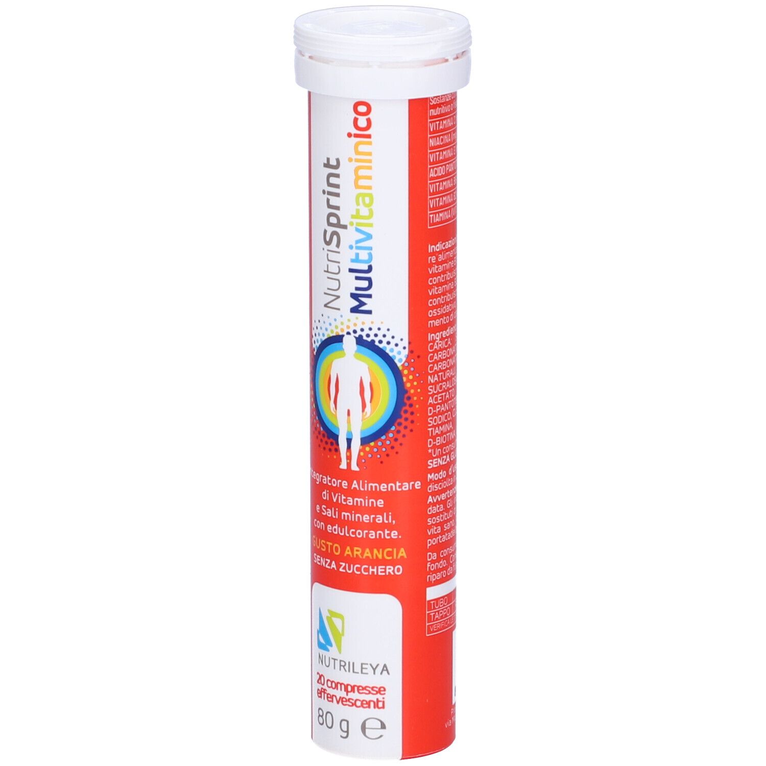 Confezione rossa di Nutrisprint Multivitaminico. Contiene 20 compresse effervescenti, 80g, senza zucchero. Retro con informazioni.