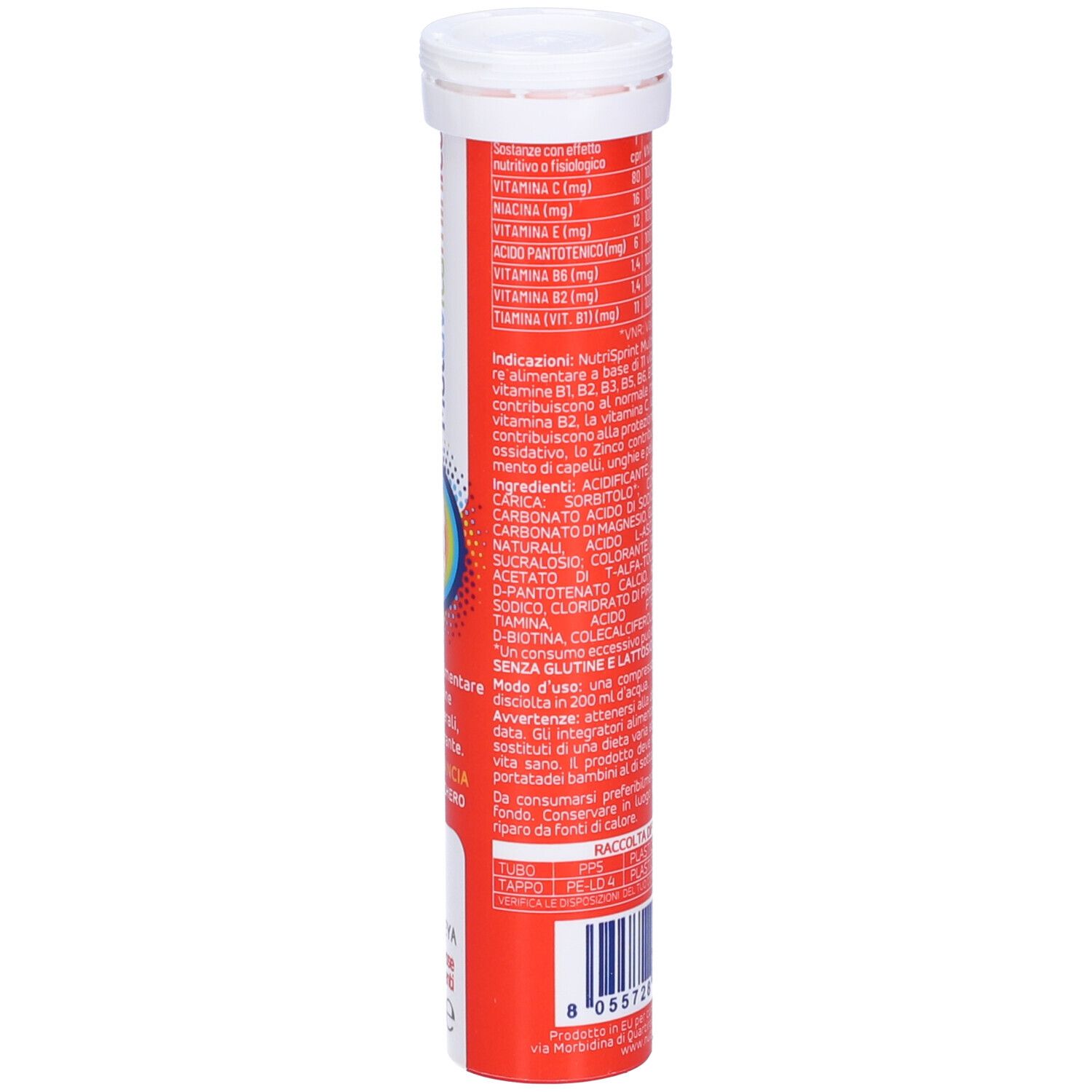 Confezione rossa di Nutrisprint Multivitaminico. Contiene 20 compresse effervescenti, 80g, senza zucchero. Retro con informazioni.