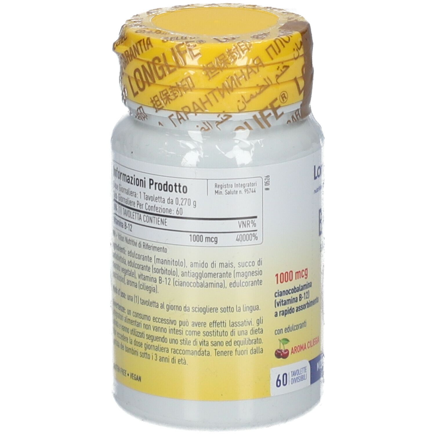 Flacone bianco, tappo giallo e sigillo. Informazioni prodotto in italiano. Scritta: LongLife B-12, 1000 mcg, 60 compresse.