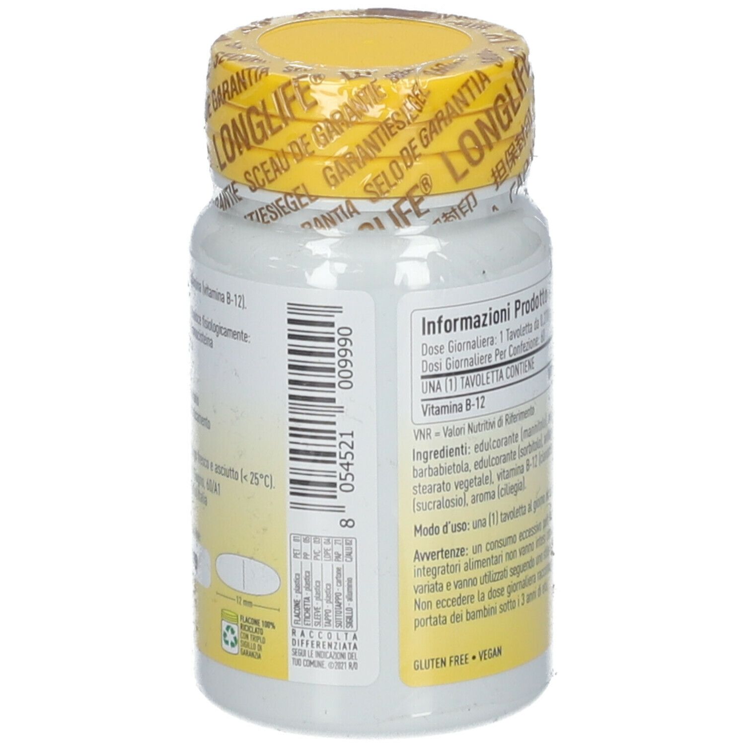 Flacone bianco, tappo giallo e sigillo. Retro con informazioni prodotto. Scritta: LongLife B-12, 60 compresse.