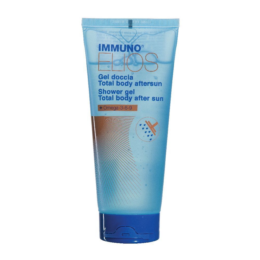 Tubo blu trasparente. Scritta: IMMUNO ELIOS, Gel doccia, Total body aftersun, Shower gel, Total body after sun. Con Omega 3-6-9.
