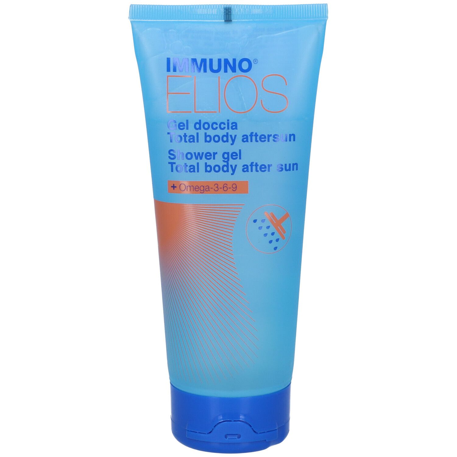 Tubo blu trasparente. Scritta: IMMUNO ELIOS, Gel doccia, Total body aftersun, Shower gel, Total body after sun. Con Omega 3-6-9.