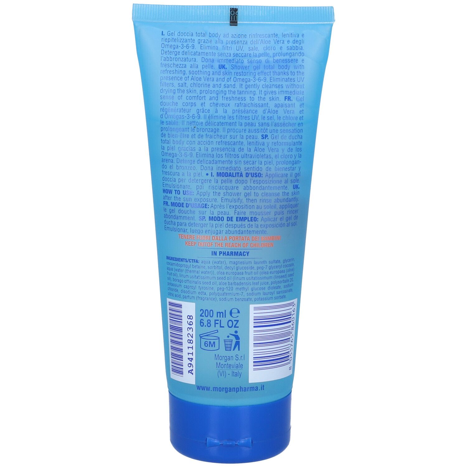 Retro di un tubo blu. Testo multilingue. In basso: 200 ml, 6.8 fl oz. Con simboli di riciclaggio.