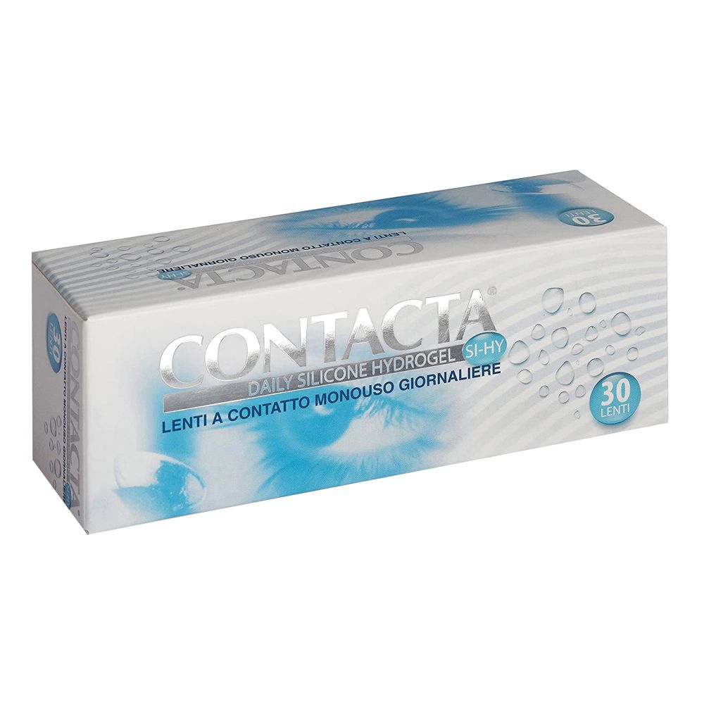 Confezione di lenti a contatto. Scritta CONTACTA, Daily Silicone Hydrogel, 30 lenti. Colori blu e bianco.