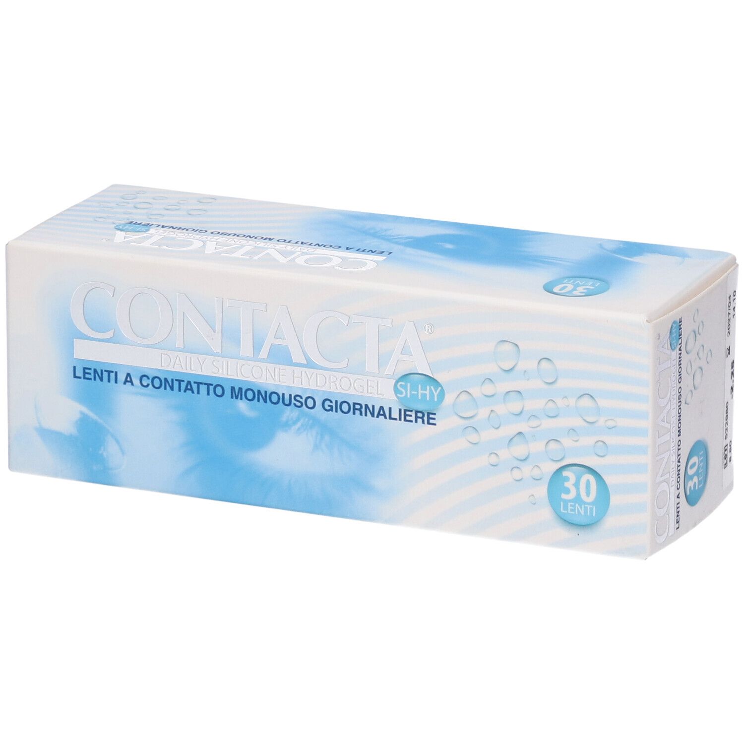 Confezione di lenti a contatto. Scritta CONTACTA, Daily Silicone Hydrogel, 30 lenti. Design blu e bianco.