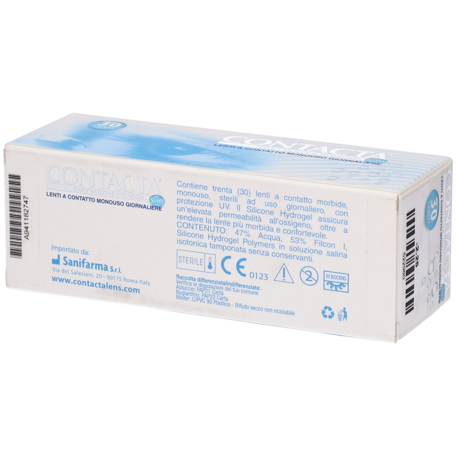 Retro della confezione di lenti. Informazioni testuali, ingredienti, certificazione CE0123, 30 lenti.