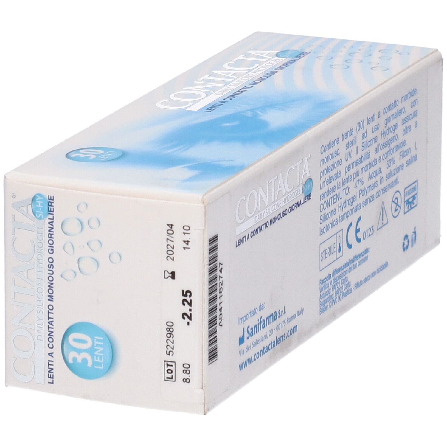 Vista obliqua della confezione di lenti. Scritta CONTACTA, 30 lenti. Codice a barre, -2,25, numero di lotto.