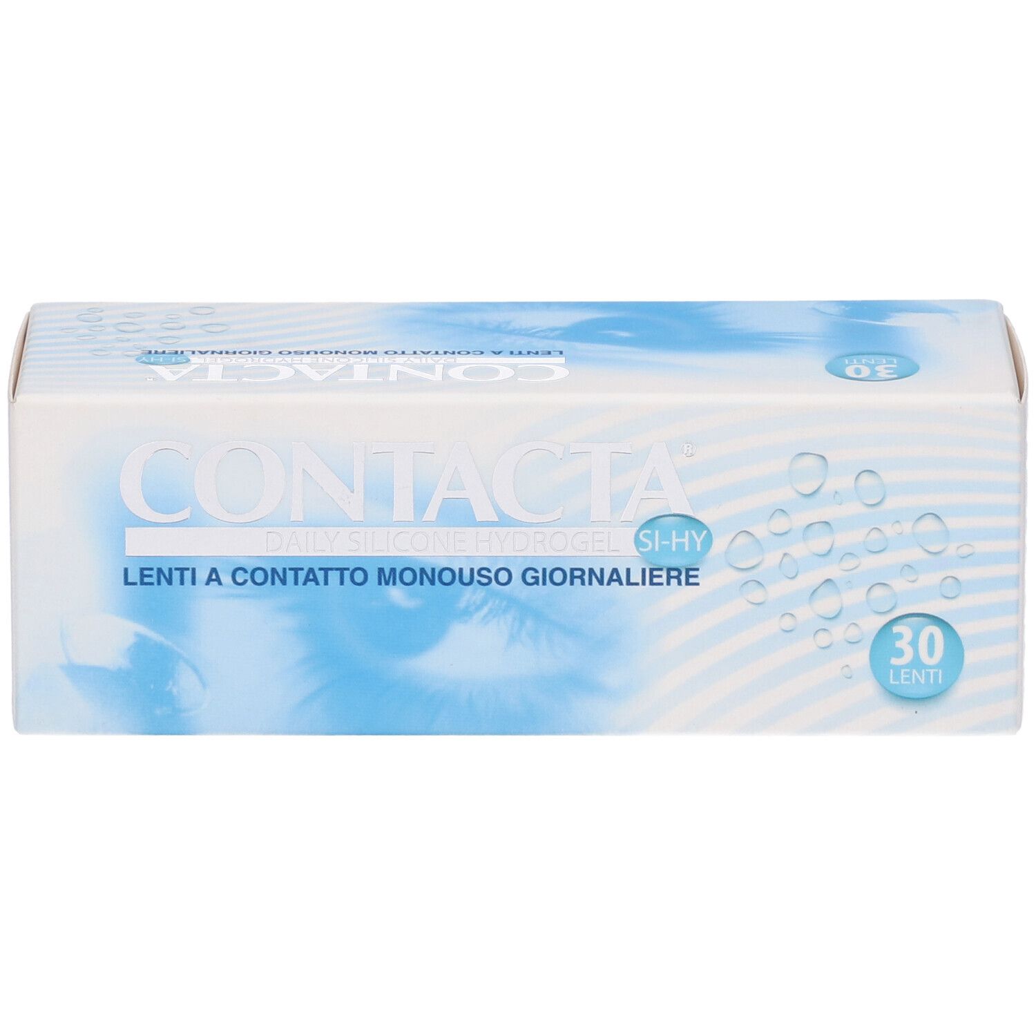 Confezione di lenti a contatto. Scritta CONTACTA, Daily Silicone Hydrogel, 30 lenti. Design blu e bianco.