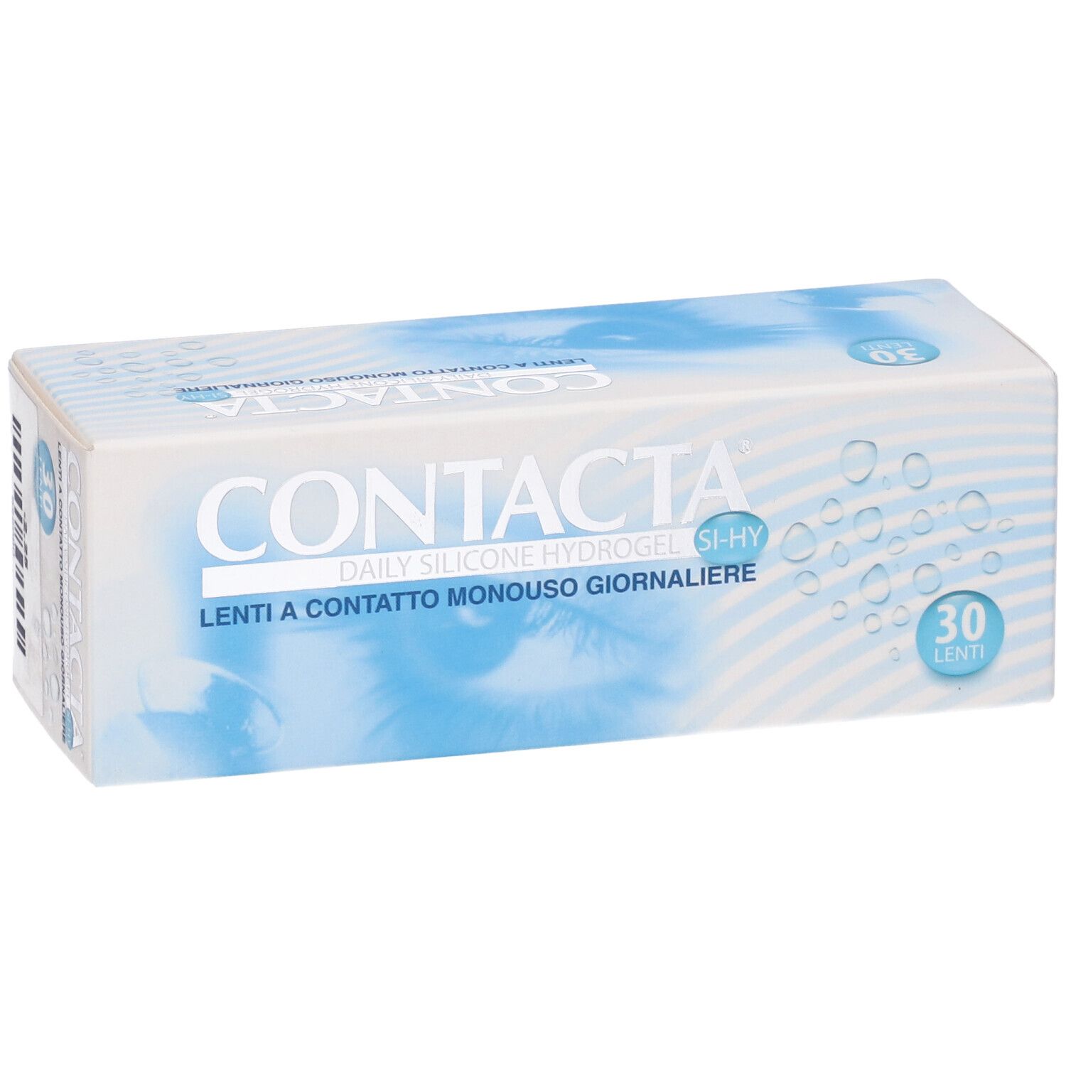 Confezione di lenti a contatto. Scritta CONTACTA, Daily Silicone Hydrogel, 30 lenti. Design blu e bianco.