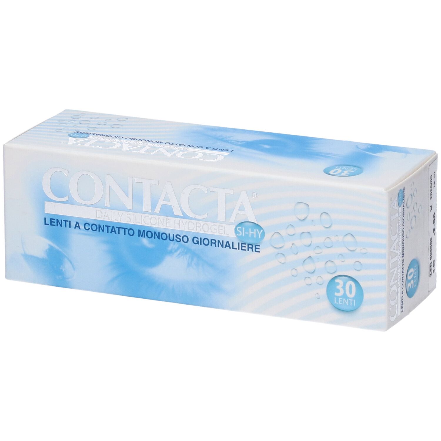 Confezione di lenti a contatto. Scritta CONTACTA, Lenti a Contatto Monouso Giornaliera, 30 pezzi.