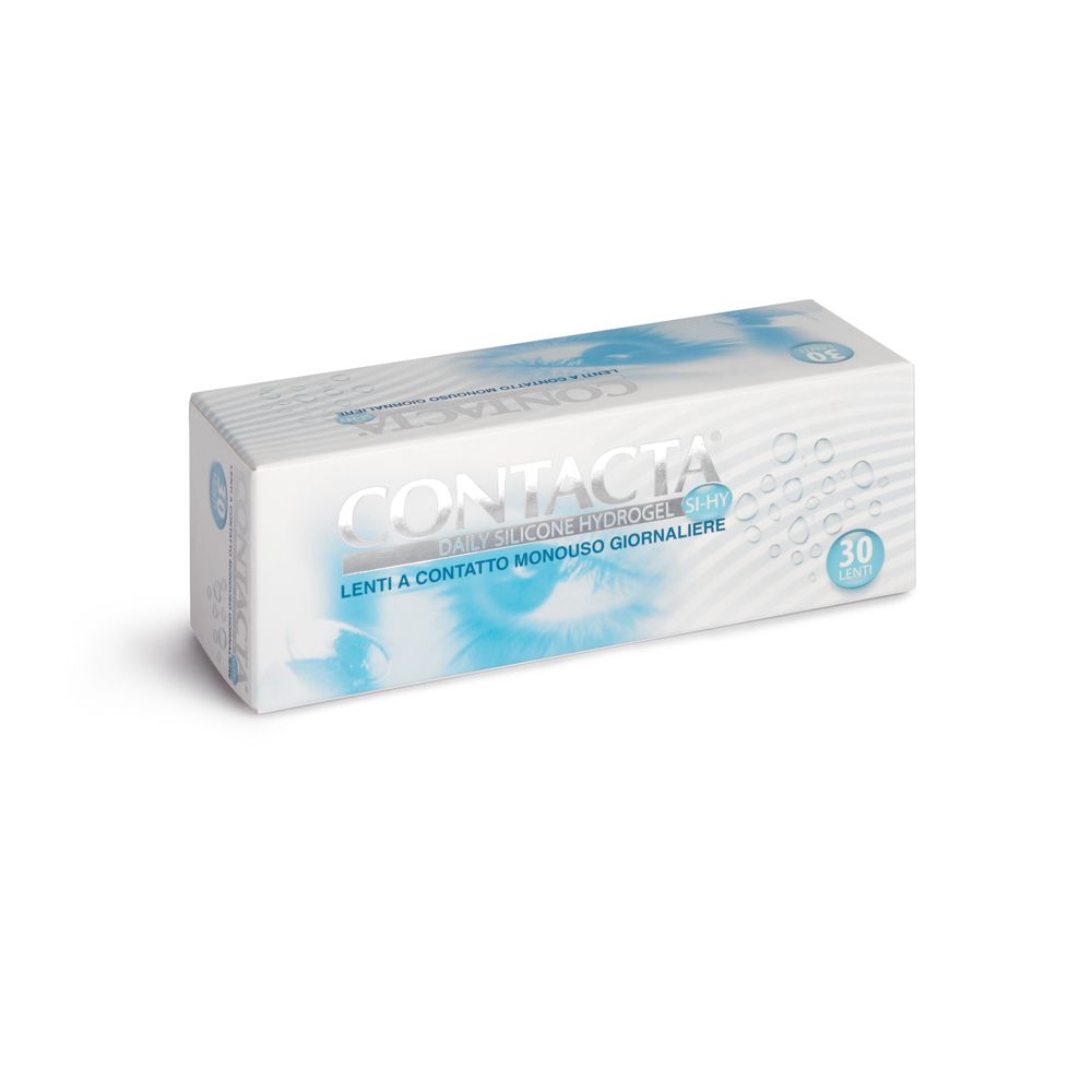 Confezione di lenti a contatto. Scritta: CONTACTA, Daily Silicone Hydrogel, Lenti a Contatto Monouso Giornaliere. 30 pezzi.