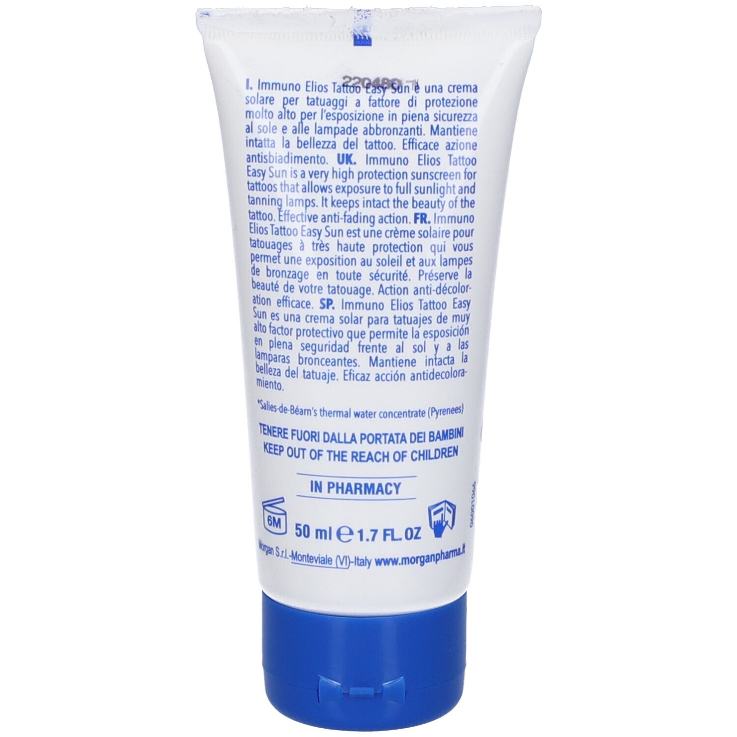 Retro del tubo. Testo multilingue. Ingredienti, avvertenze, informazioni produttore.