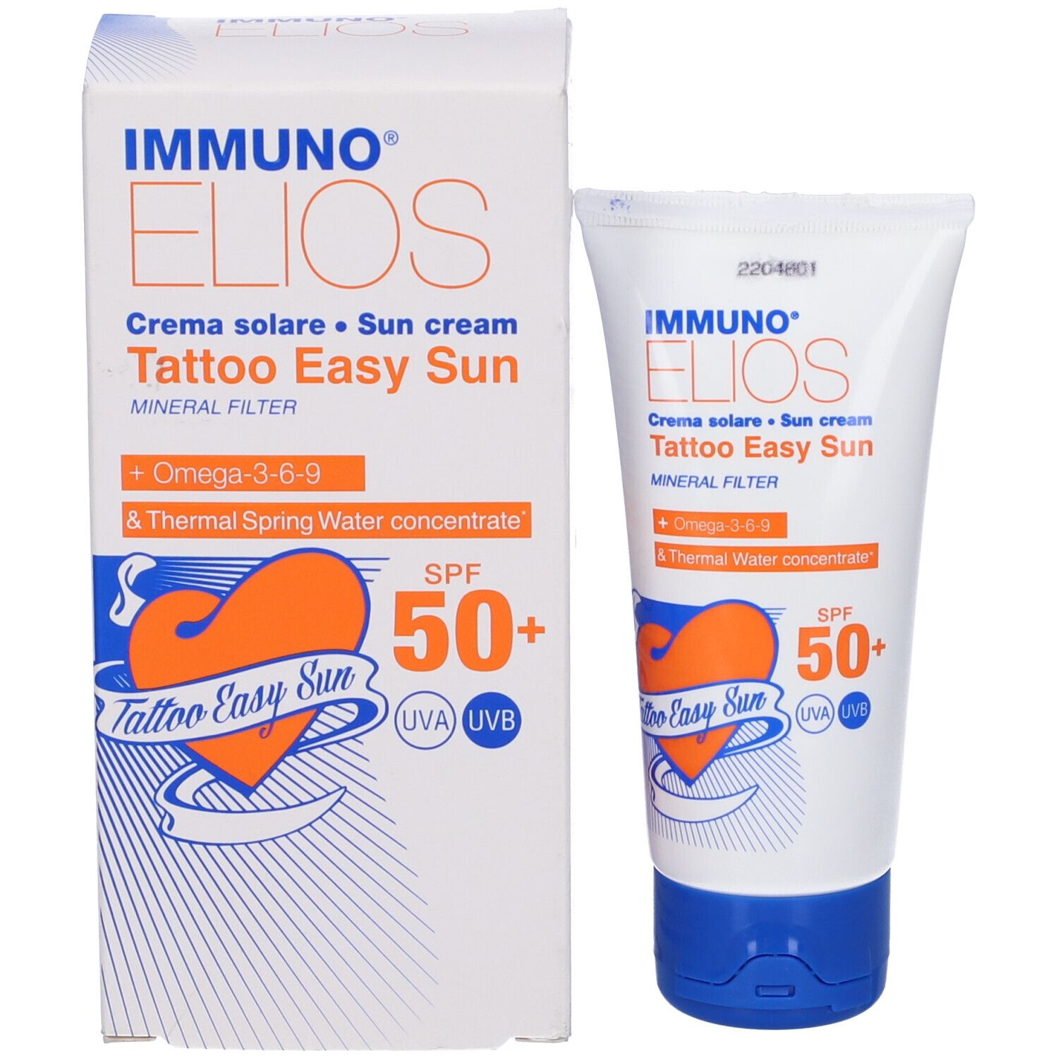 Prodotto e confezione affiancati. Entrambi mostrano nome e logo del prodotto. SPF 50+.