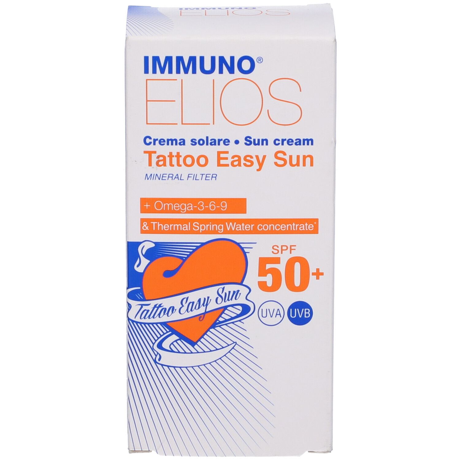 Confezione bianca con nome e logo del prodotto. Testo: Crema solare, Tattoo Easy Sun, SPF 50+.