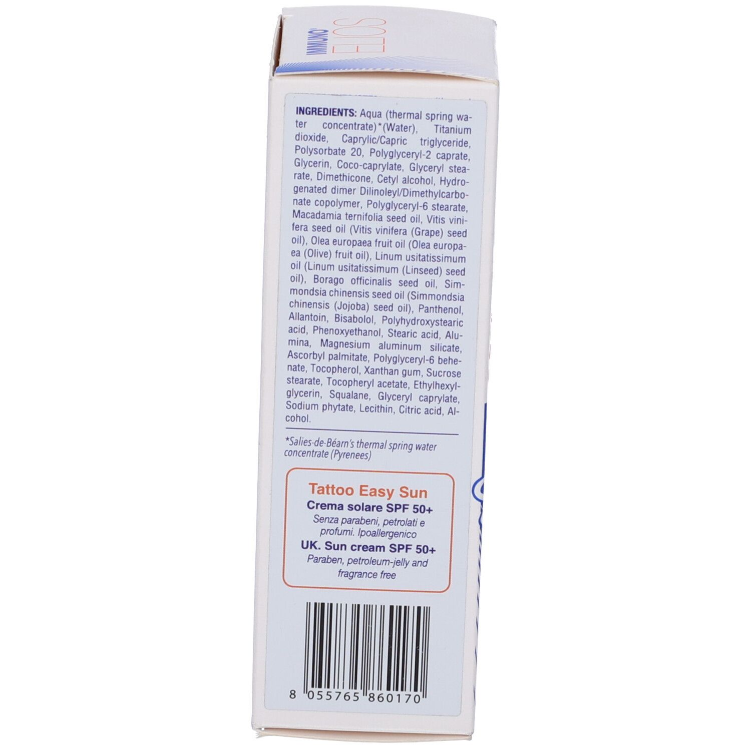 Lato della confezione. Testo: Ingredienti, Tattoo Easy Sun, SPF 50+, senza parabeni, senza profumo.