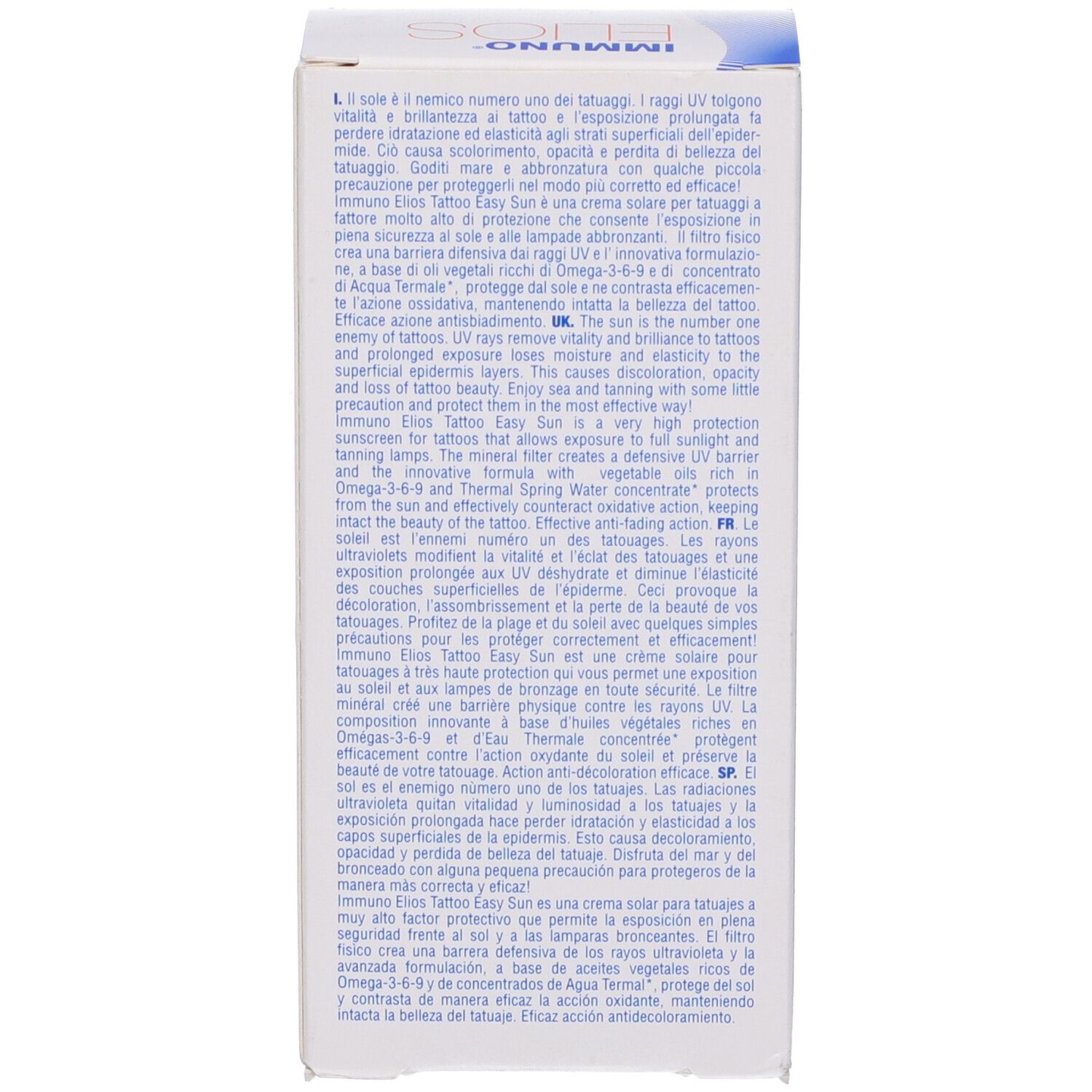 Retro della confezione. Testo multilingue. Descrizione del prodotto, protezione UV, cura dei tatuaggi.