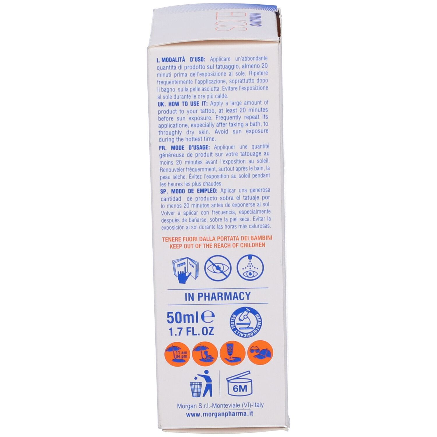 Lato della confezione. Testo: Istruzioni per l'uso, 50ml, informazioni produttore, simboli.