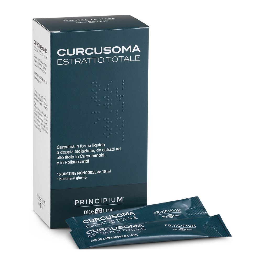 Scatola di PRINCIPIUM® Curcusoma Estratto Totale. Contiene 15 bustine monodose. Confezione blu e bianca.