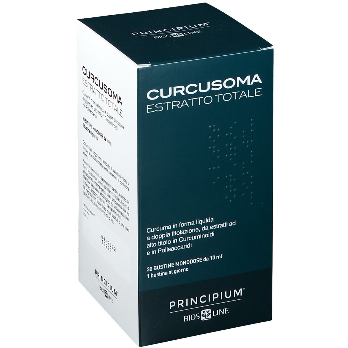 Scatola bianca con PRINCIPIUM® Curcusoma Estratto Totale. Fronte blu con informazioni sul prodotto.