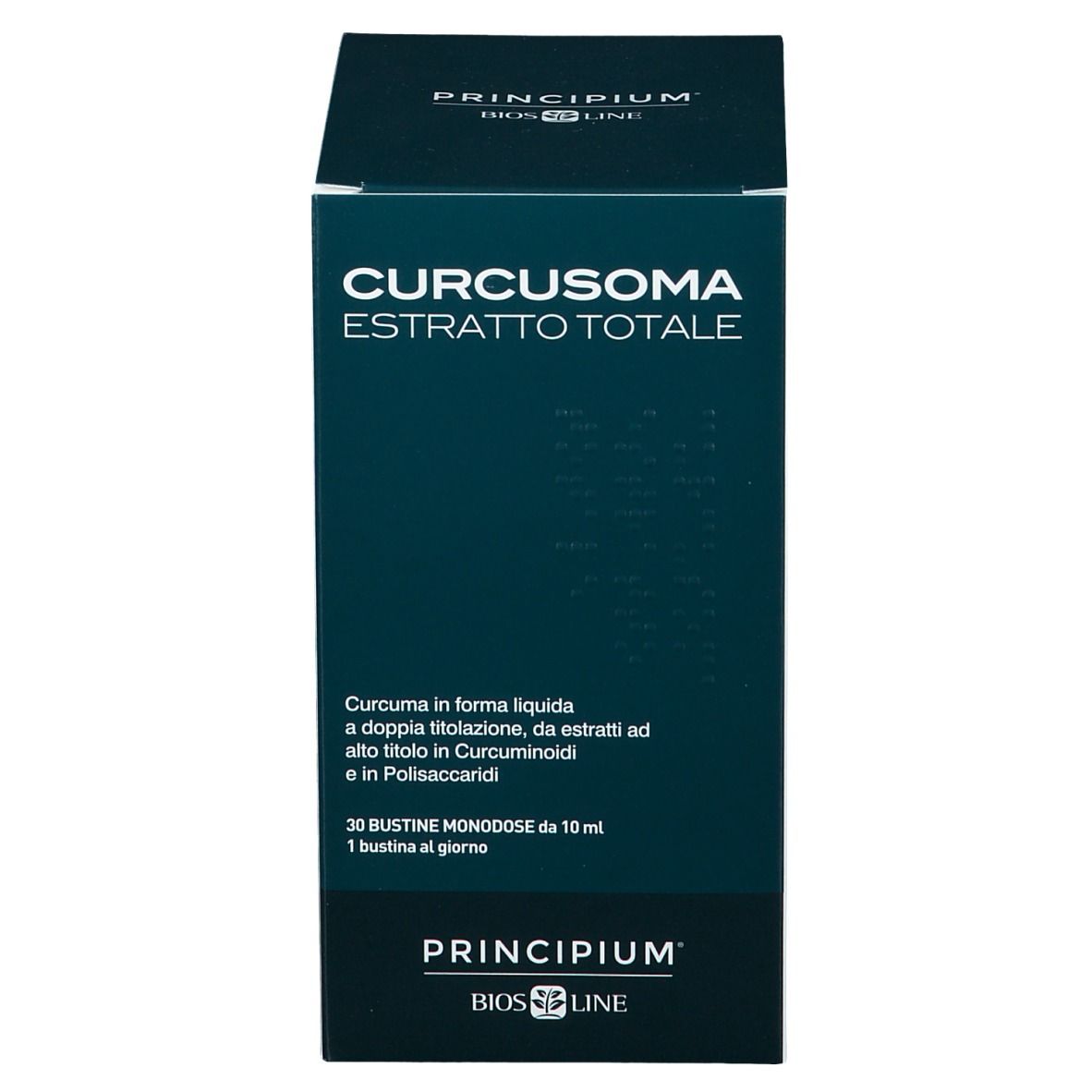 Scatola blu con PRINCIPIUM® Curcusoma Estratto Totale. Contiene informazioni sul prodotto.