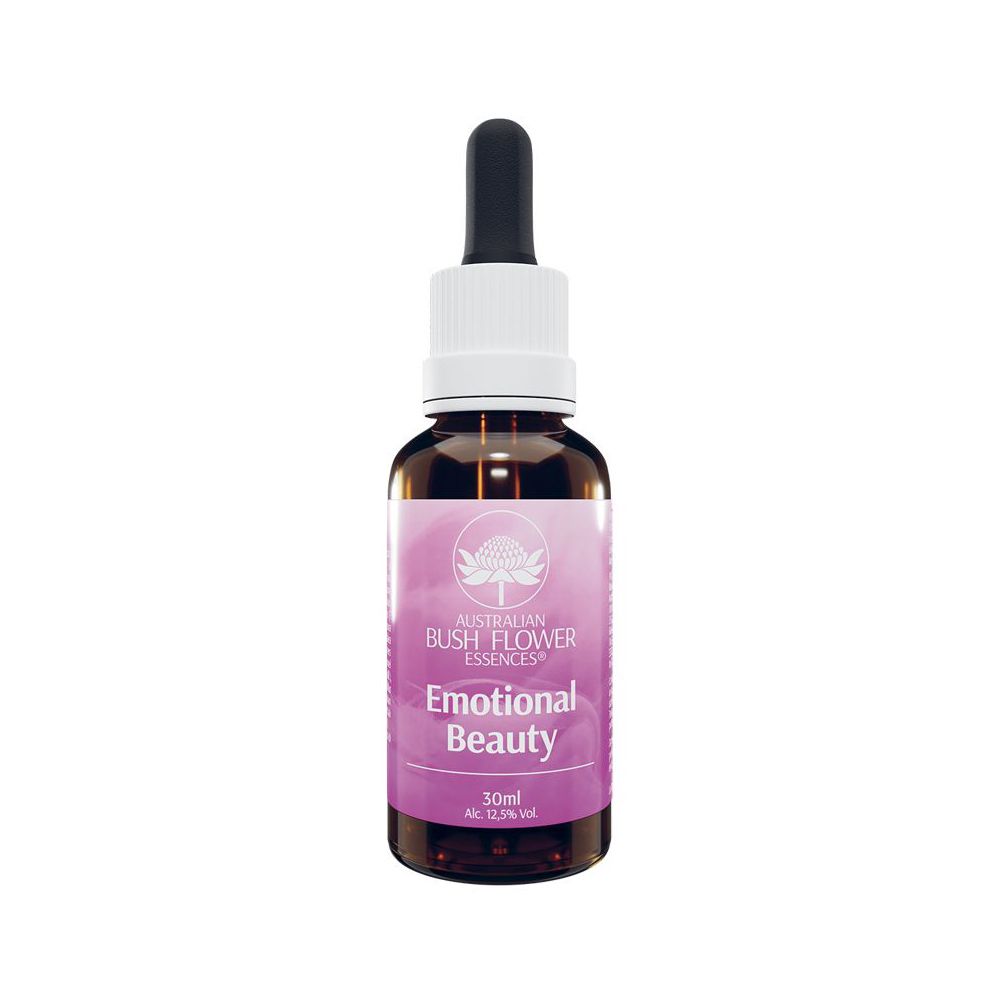 Flacone di vetro marrone con contagocce. Scritta: Emotional Beauty, 30ml. Marchio: Australian Bush Flower Essences.