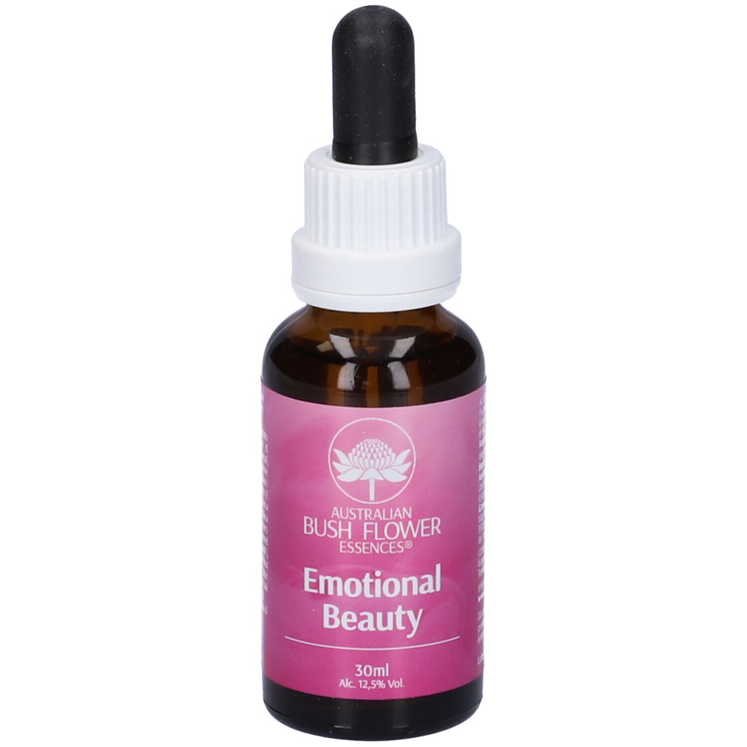 Flacone di vetro marrone con contagocce. Scritta: Emotional Beauty, 30ml. Marchio: Australian Bush Flower Essences.