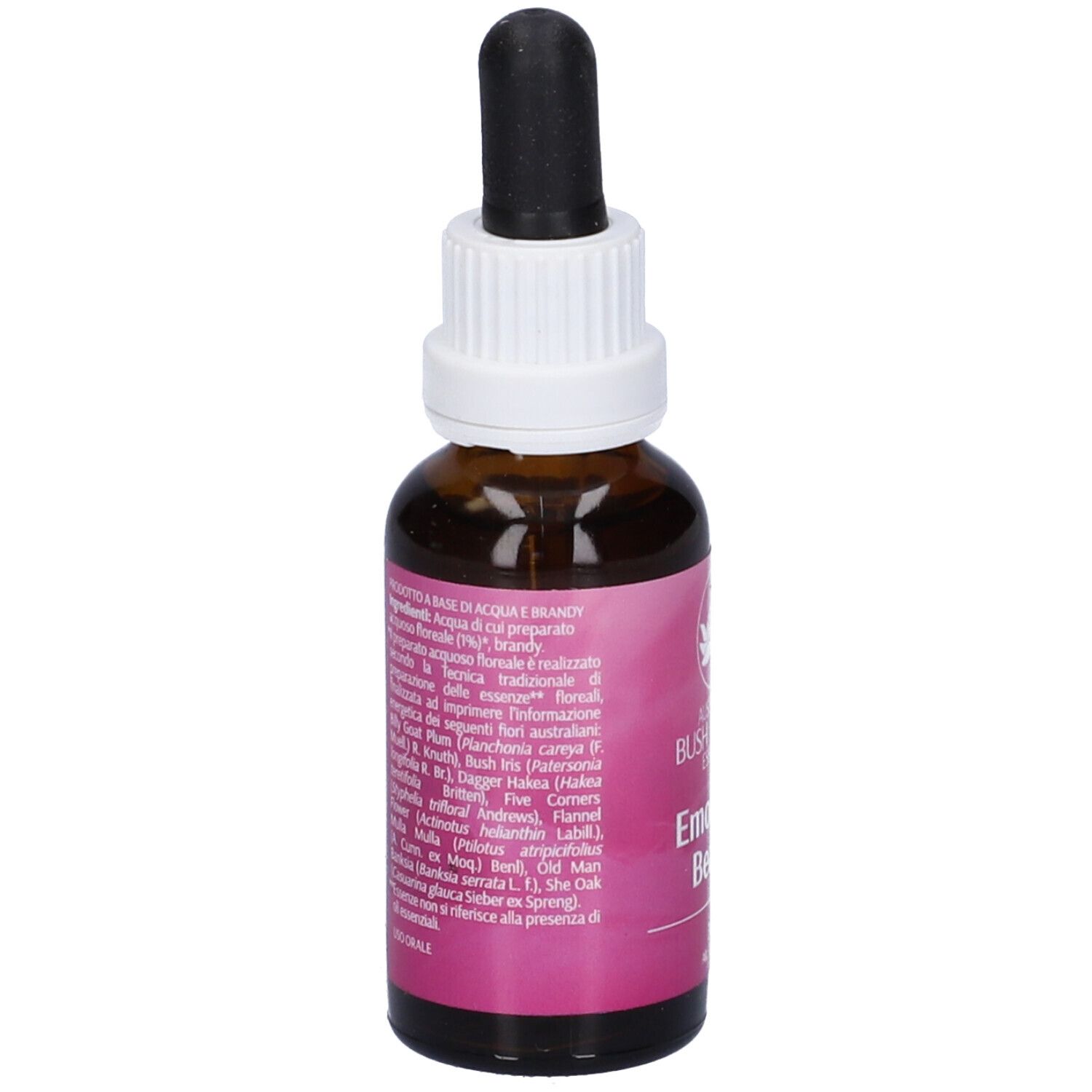 Flacone di vetro marrone con contagocce. Scritta: Emotional Beauty, 30ml. Marchio: Australian Bush Flower Essences.