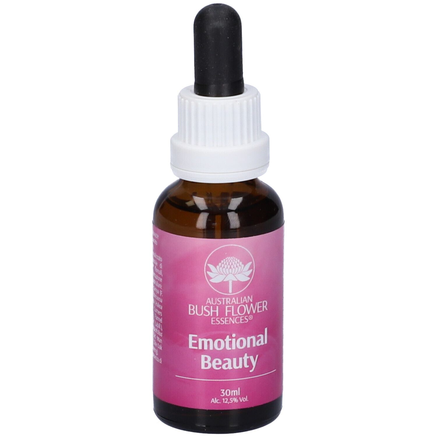Flacone di vetro marrone con contagocce. Scritta: Emotional Beauty, 30ml. Marchio: Australian Bush Flower Essences.