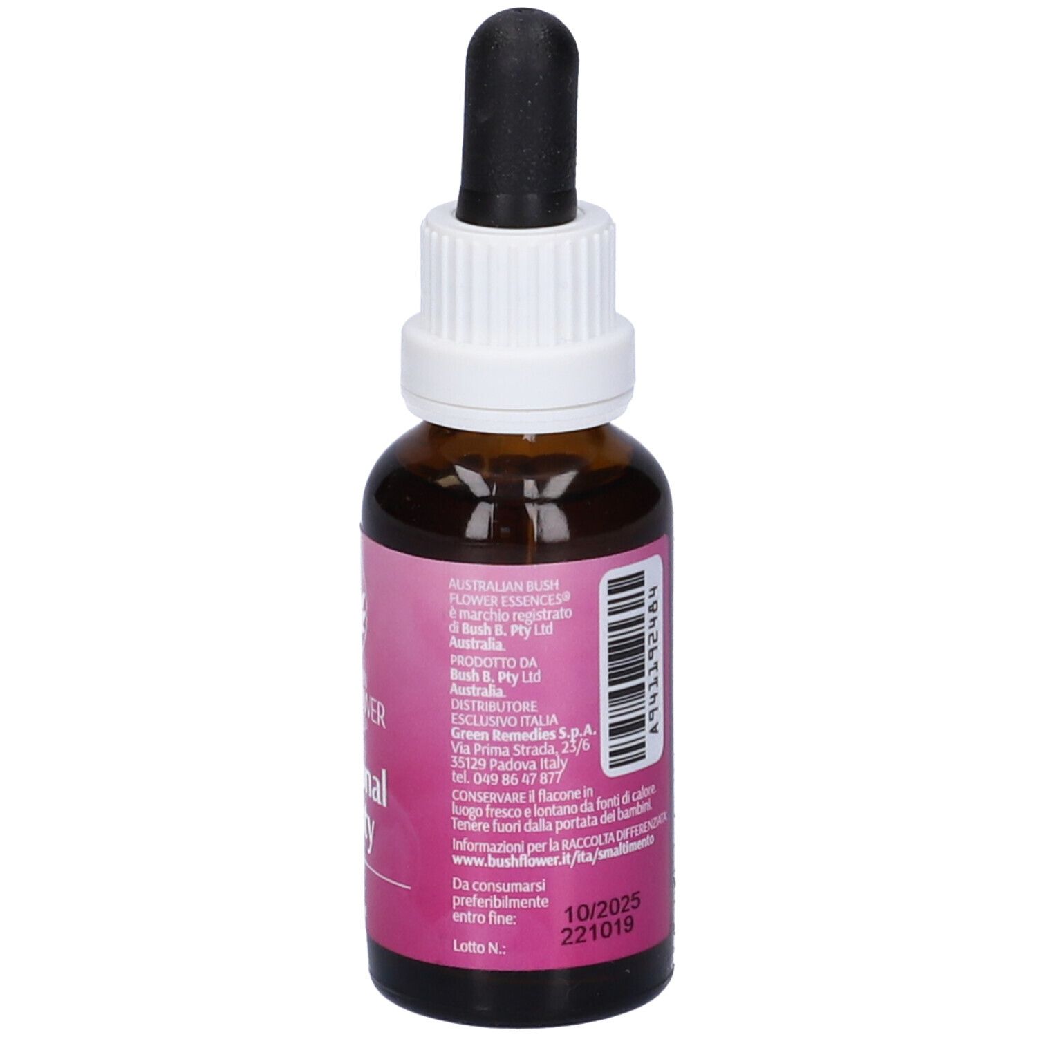Flacone di vetro marrone con contagocce. Scritta: Emotional Beauty, 30ml. Marchio: Australian Bush Flower Essences.