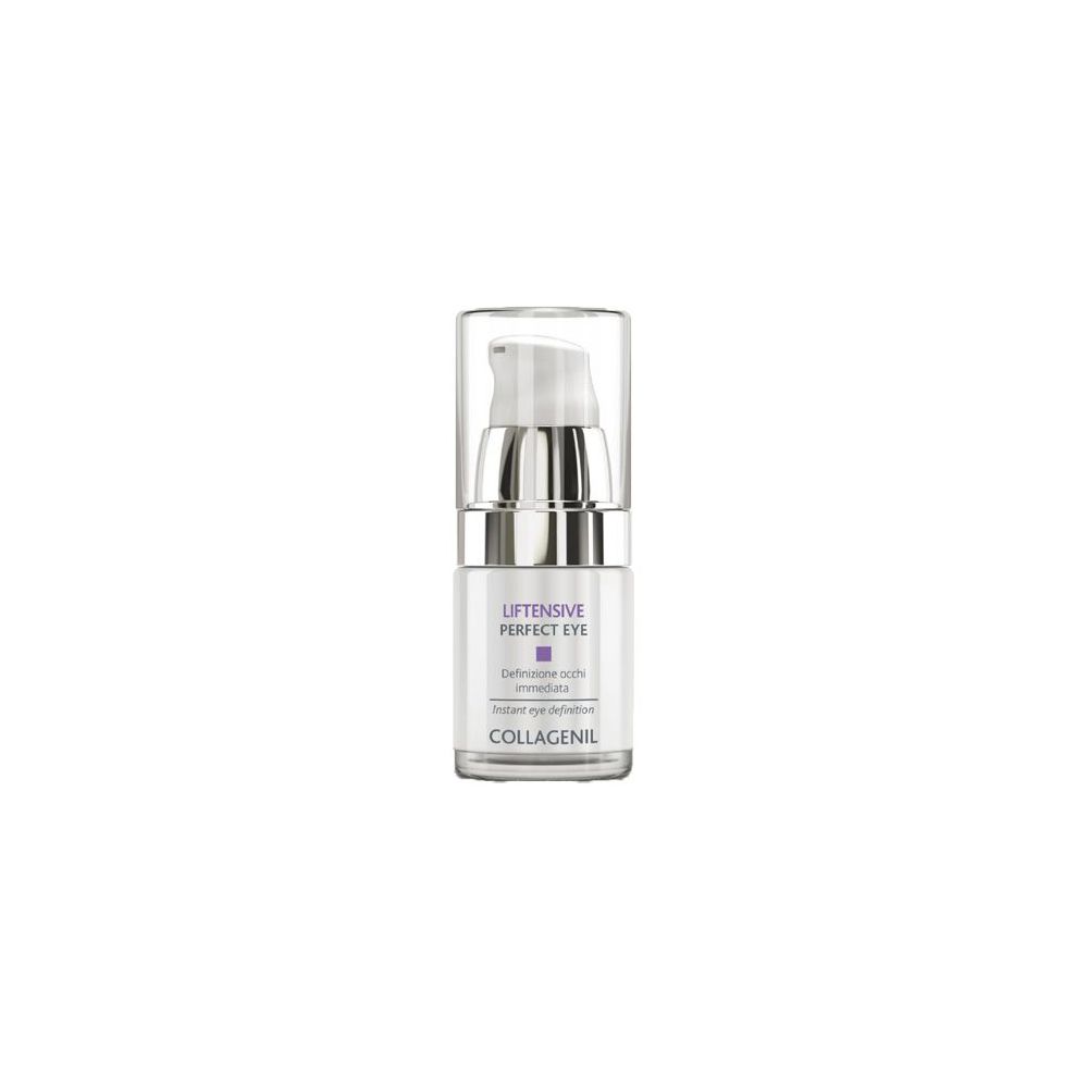 Flacone di crema occhi con pompa e tappo. Scritta: Liftensive Perfect Eye, Collagenil.