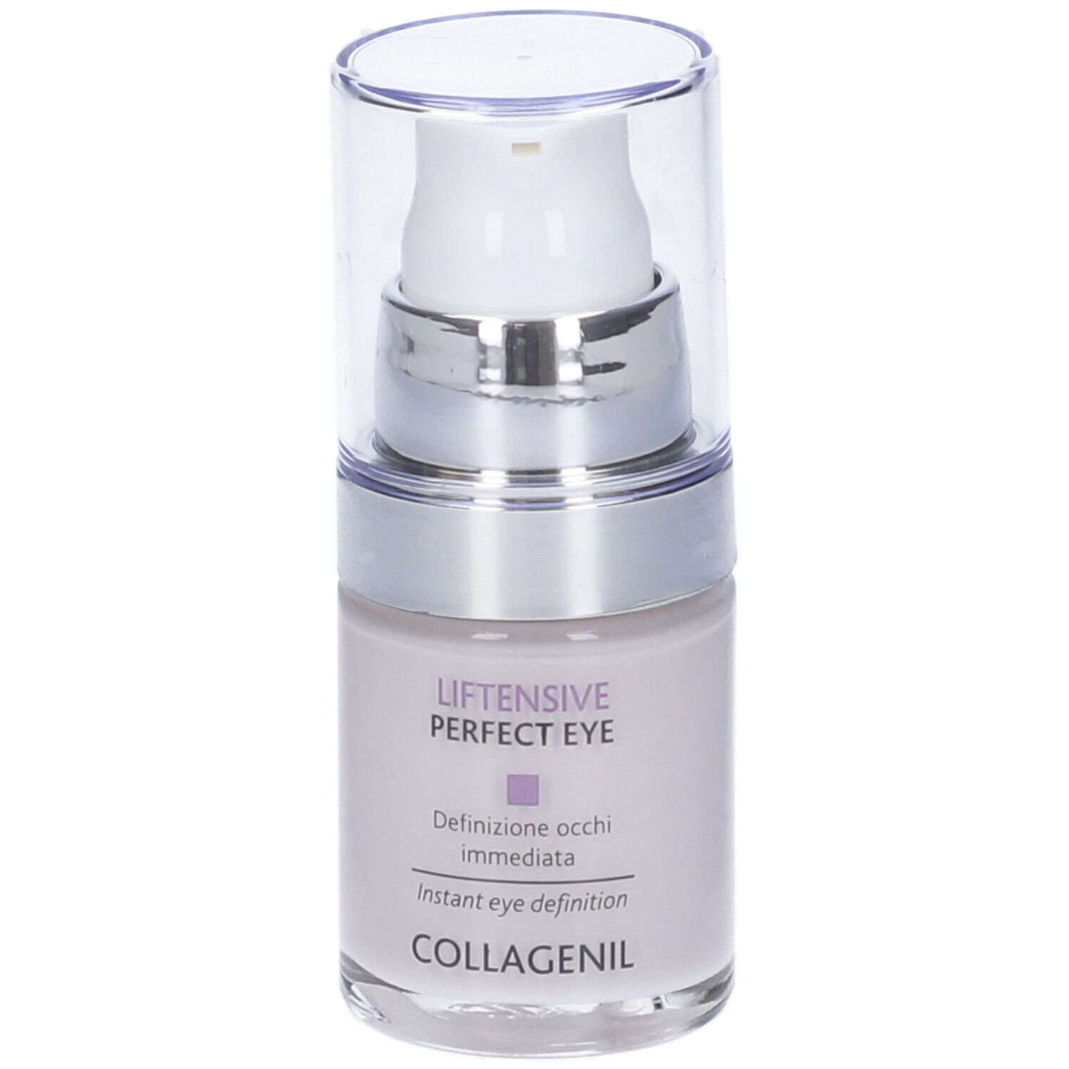 Flacone di crema occhi con pompa e tappo. Scritta: Liftensive Perfect Eye, Collagenil.