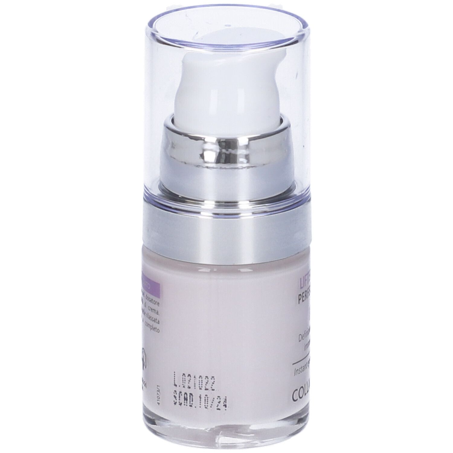 Flacone di crema occhi con pompa e tappo. Scritta: Liftensive Perfect Eye, Collagenil.