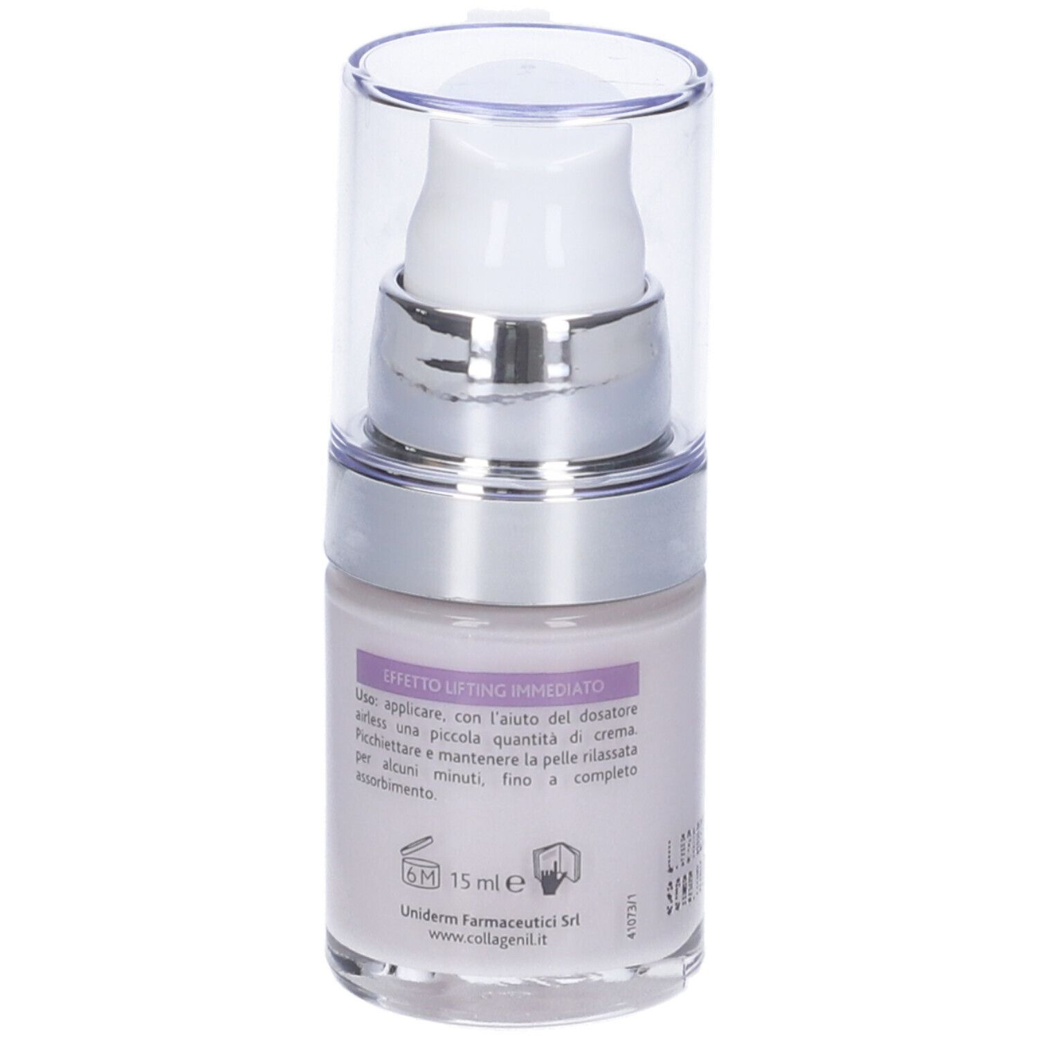 Flacone di crema occhi con pompa e tappo. Scritta: Liftensive Perfect Eye, Collagenil.