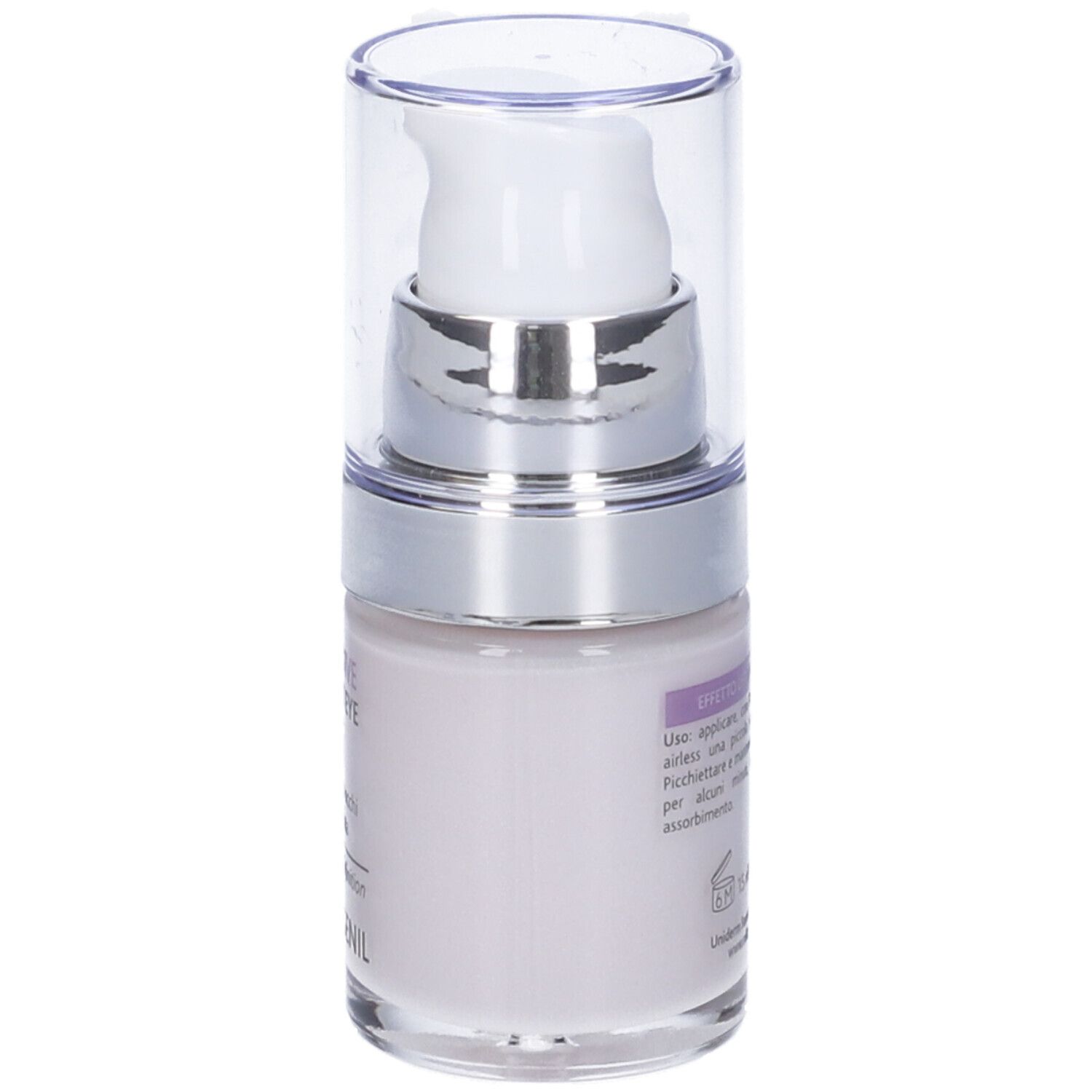 Flacone di crema occhi con pompa e tappo. Scritta: Liftensive Perfect Eye, Collagenil.