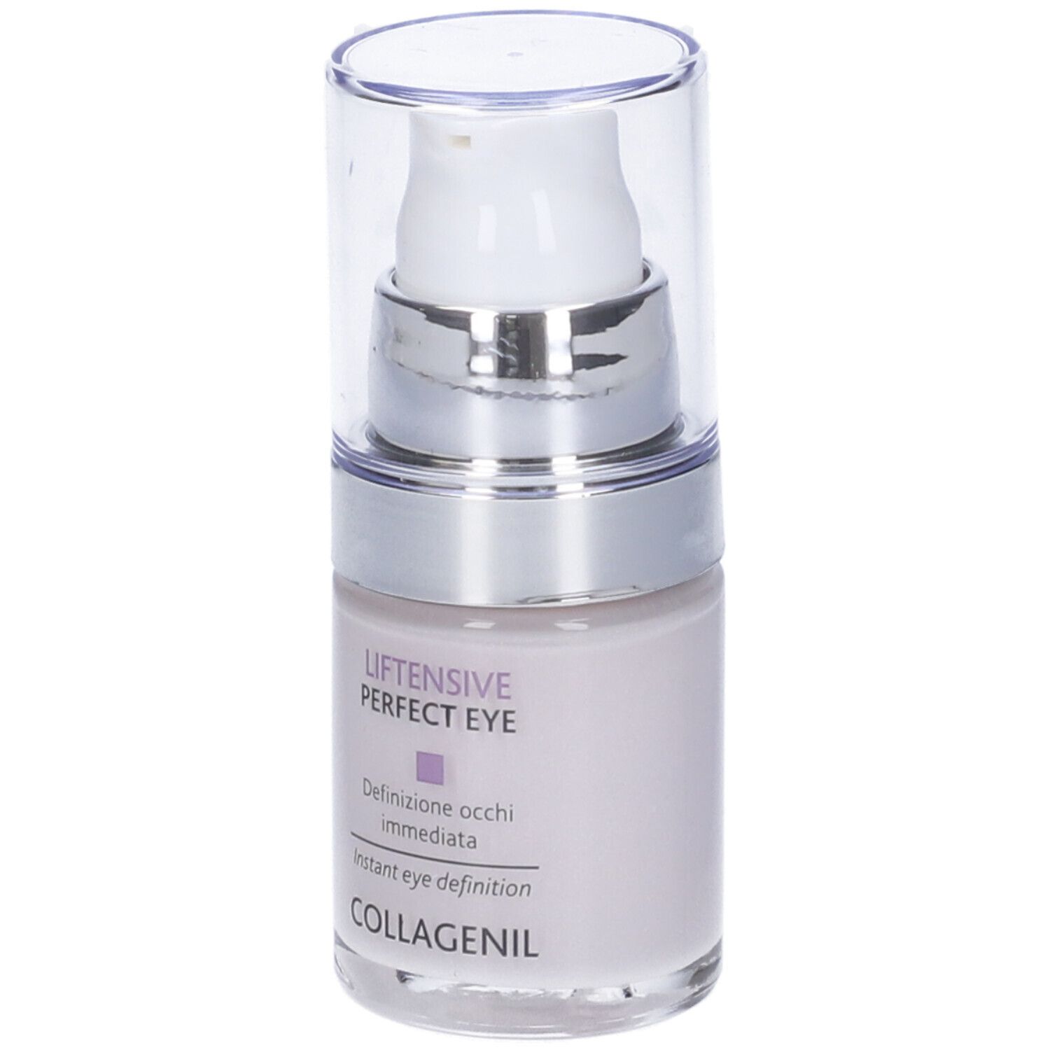 Flacone di crema occhi con pompa e tappo. Scritta: Liftensive Perfect Eye, Collagenil.